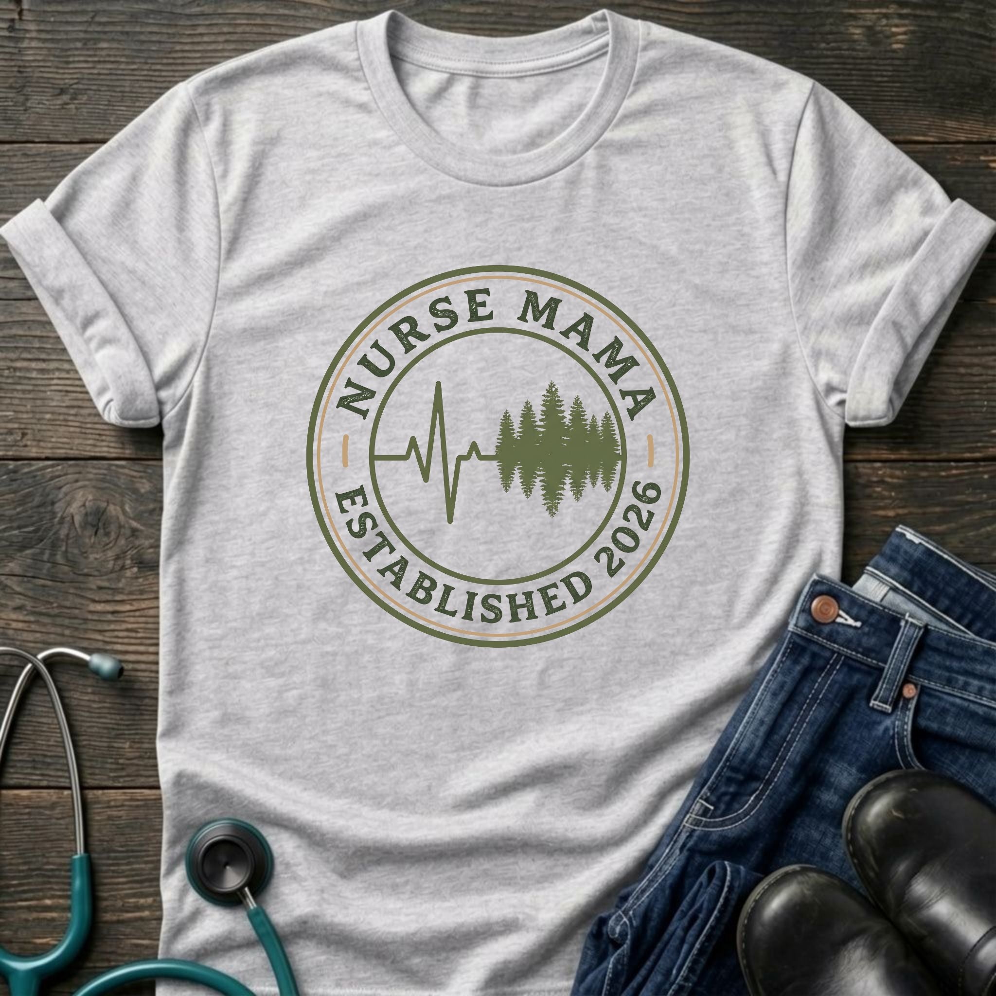 Established 2026 Nurse Mama Heartbeat Pine Tee