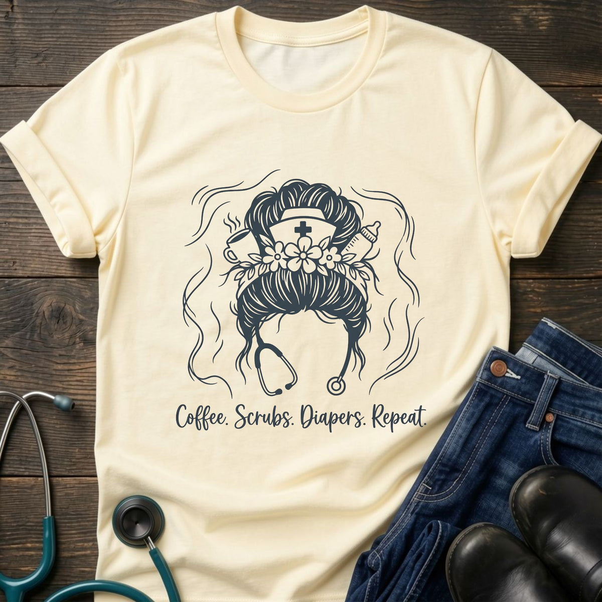 Coffee Scrubs Diapers Repeat Nurse Mom Tee