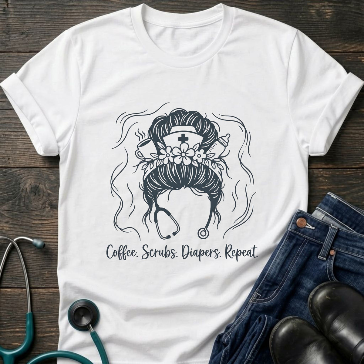 Coffee Scrubs Diapers Repeat Nurse Mom Tee