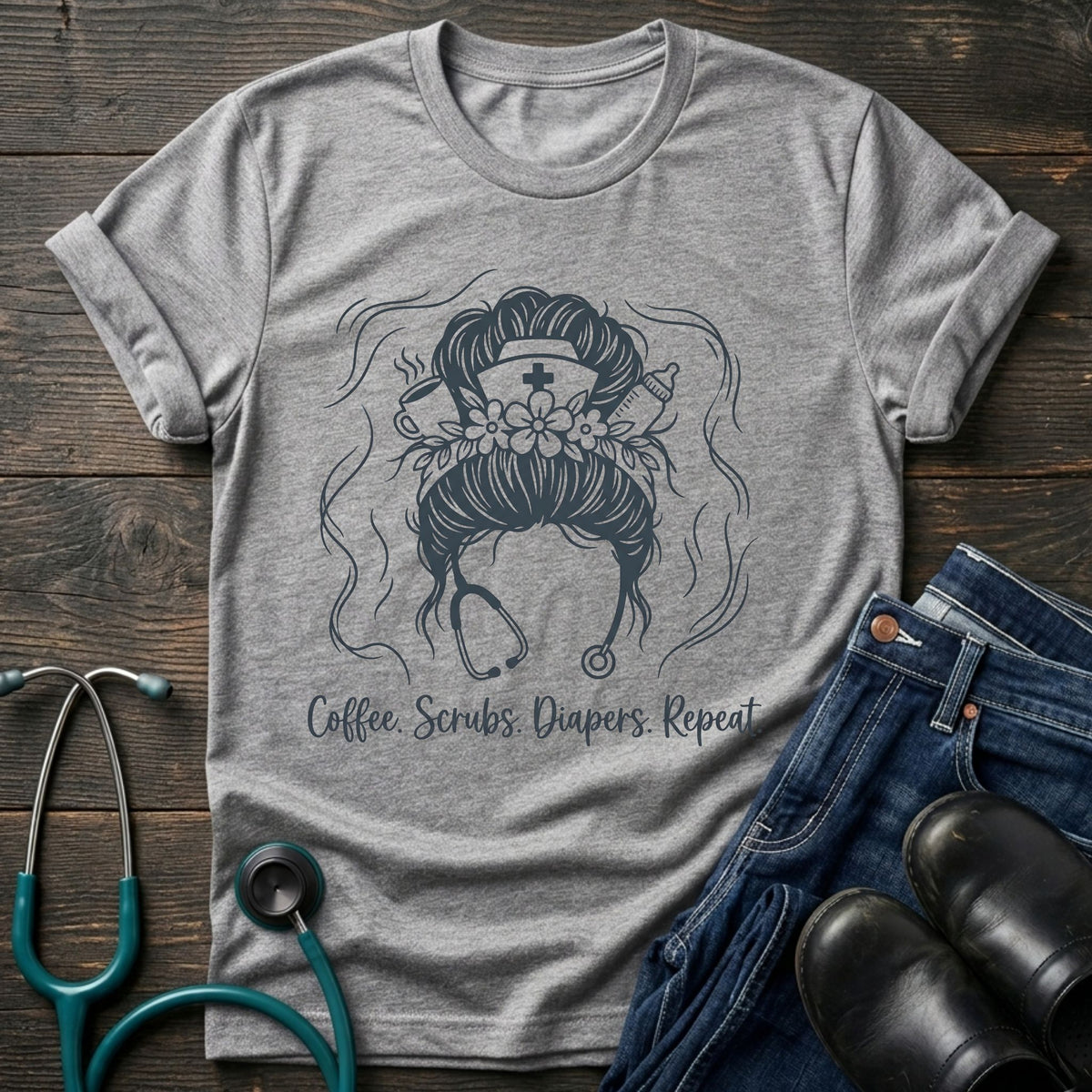 Coffee Scrubs Diapers Repeat Nurse Mom Tee