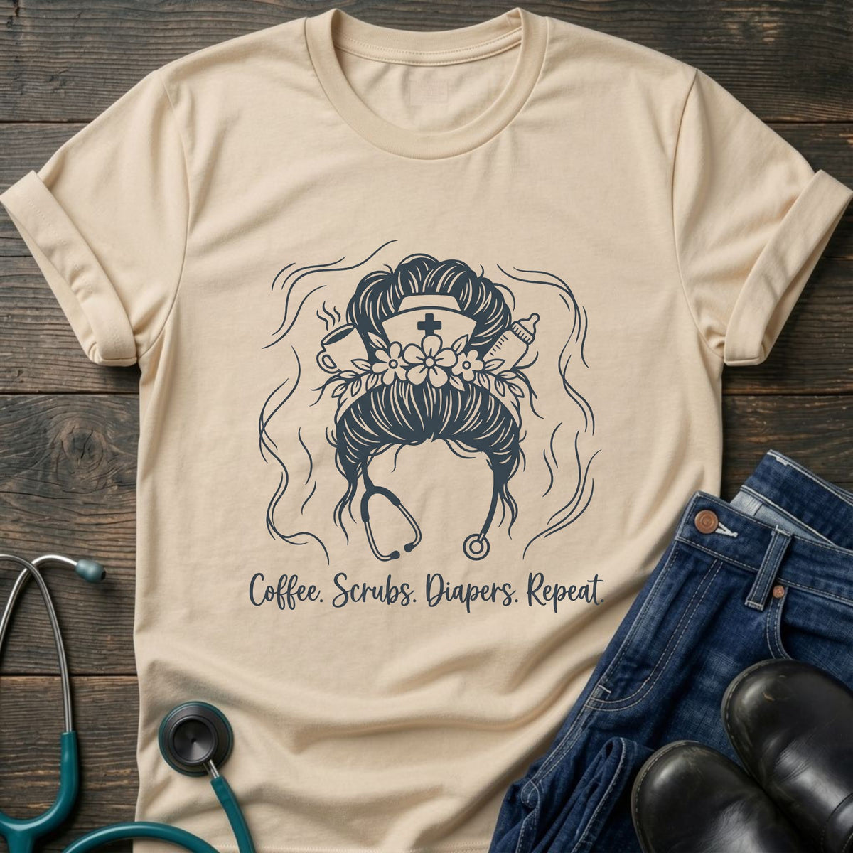 Coffee Scrubs Diapers Repeat Nurse Mom Tee