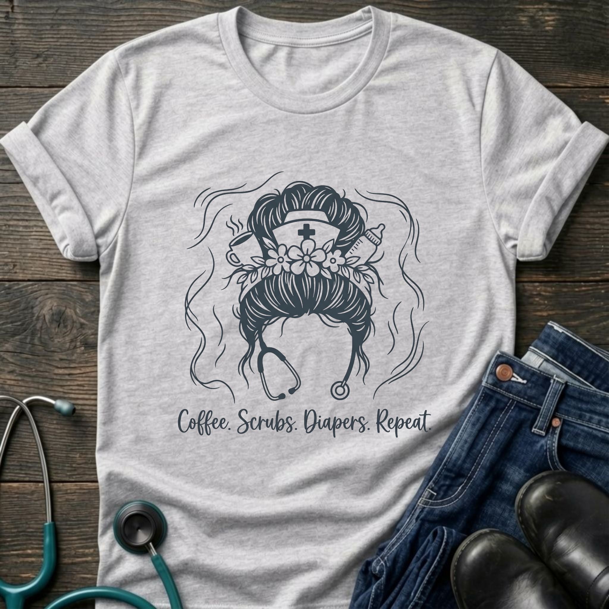 Coffee Scrubs Diapers Repeat Nurse Mom Tee
