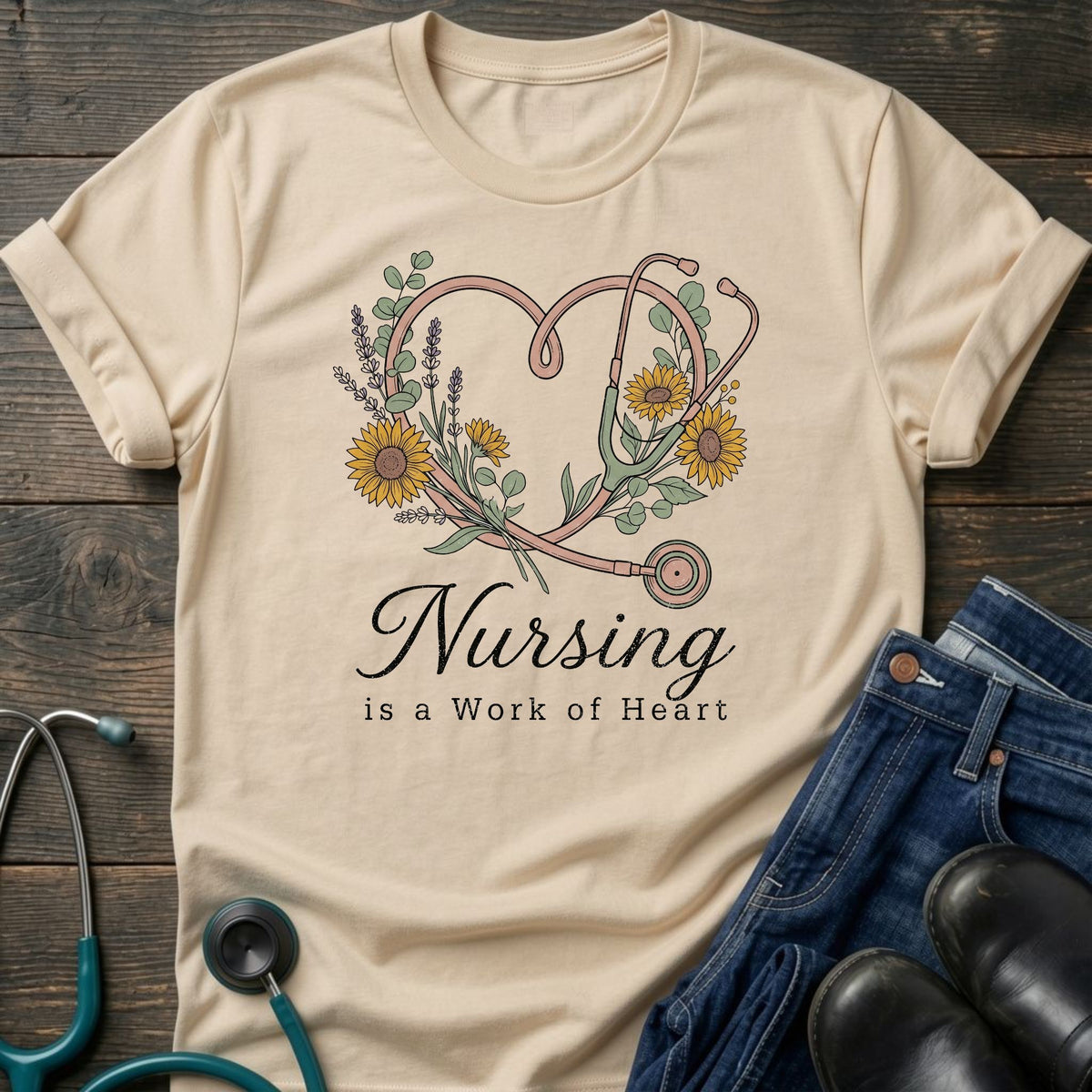 Nursing Is a Work of Heart Floral Stethoscope Tee