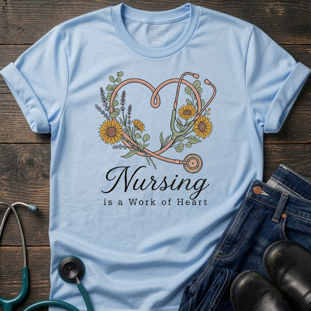 Nursing Is a Work of Heart Floral Stethoscope Tee