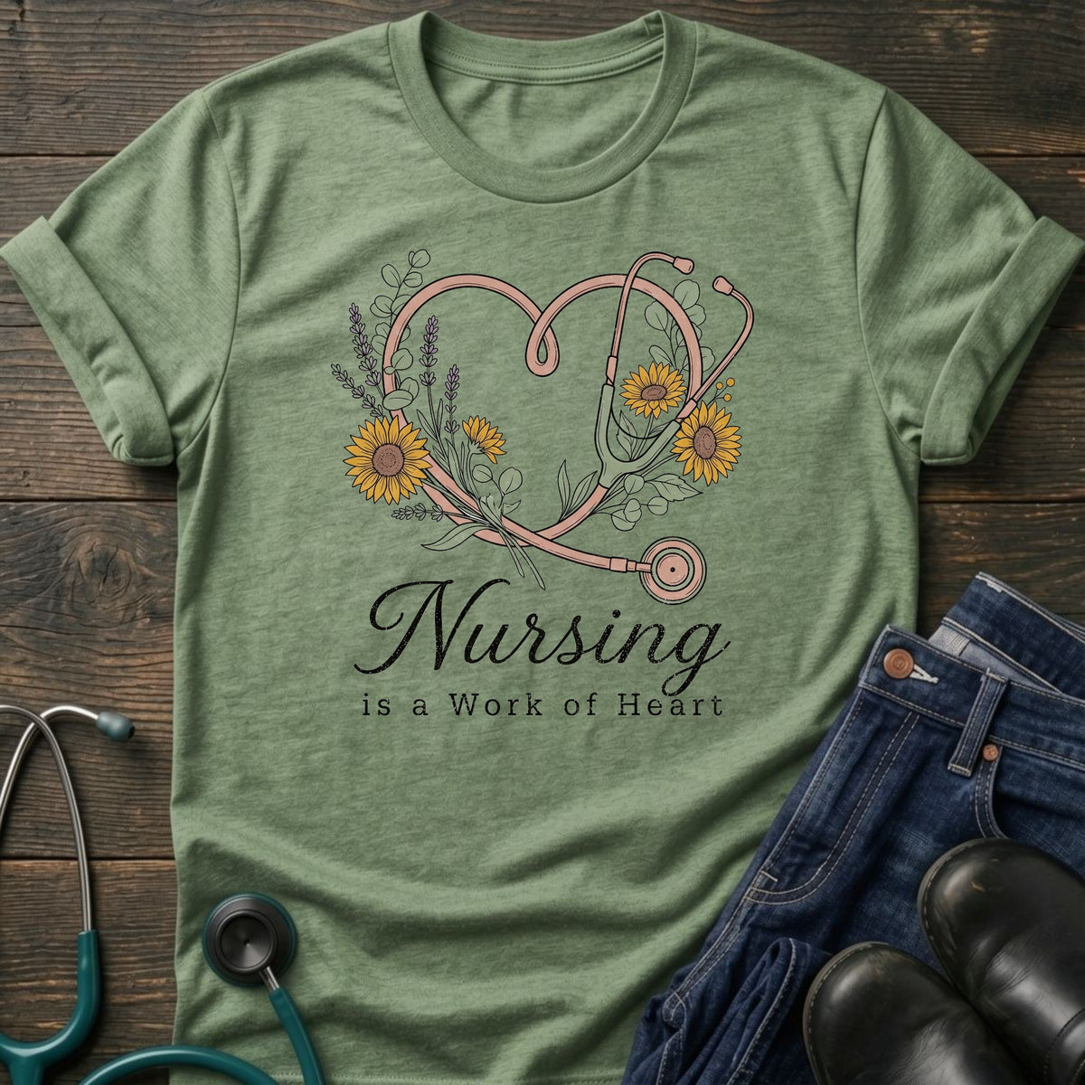 Nursing Is a Work of Heart Floral Stethoscope Tee