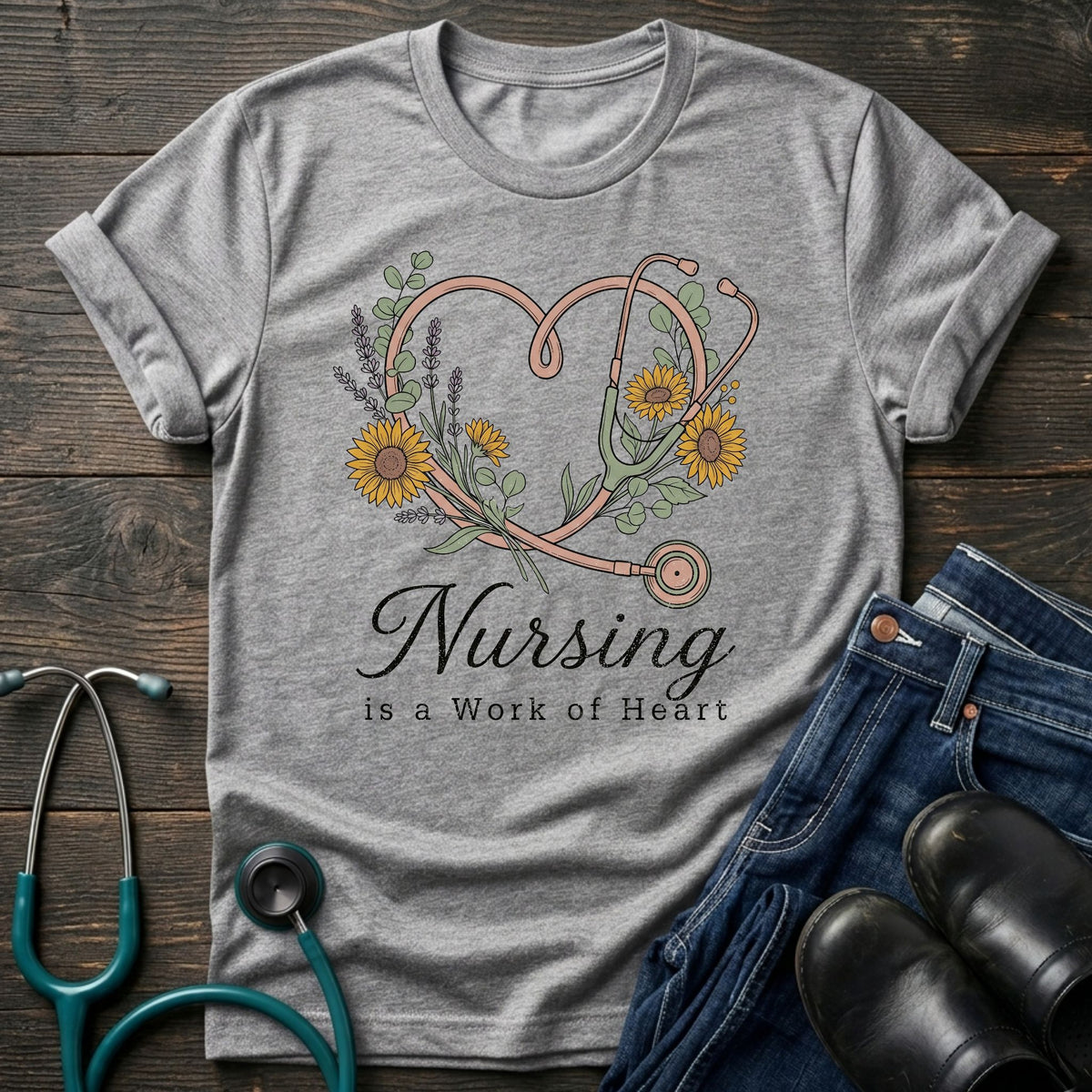 Nursing Is a Work of Heart Floral Stethoscope Tee