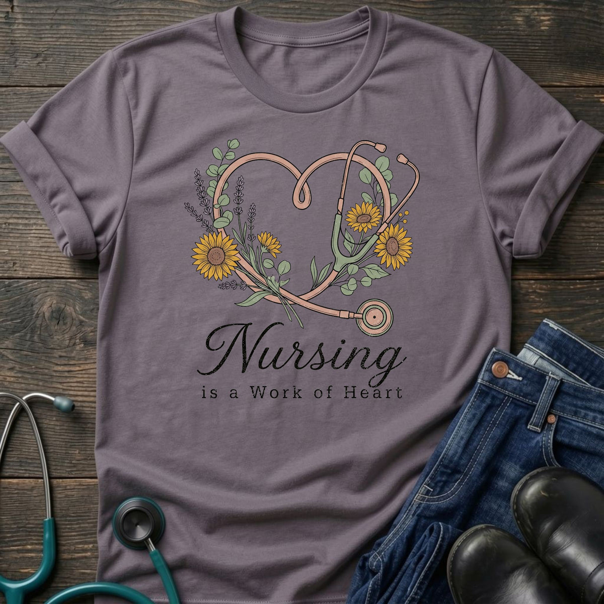 Nursing Is a Work of Heart Floral Stethoscope Tee