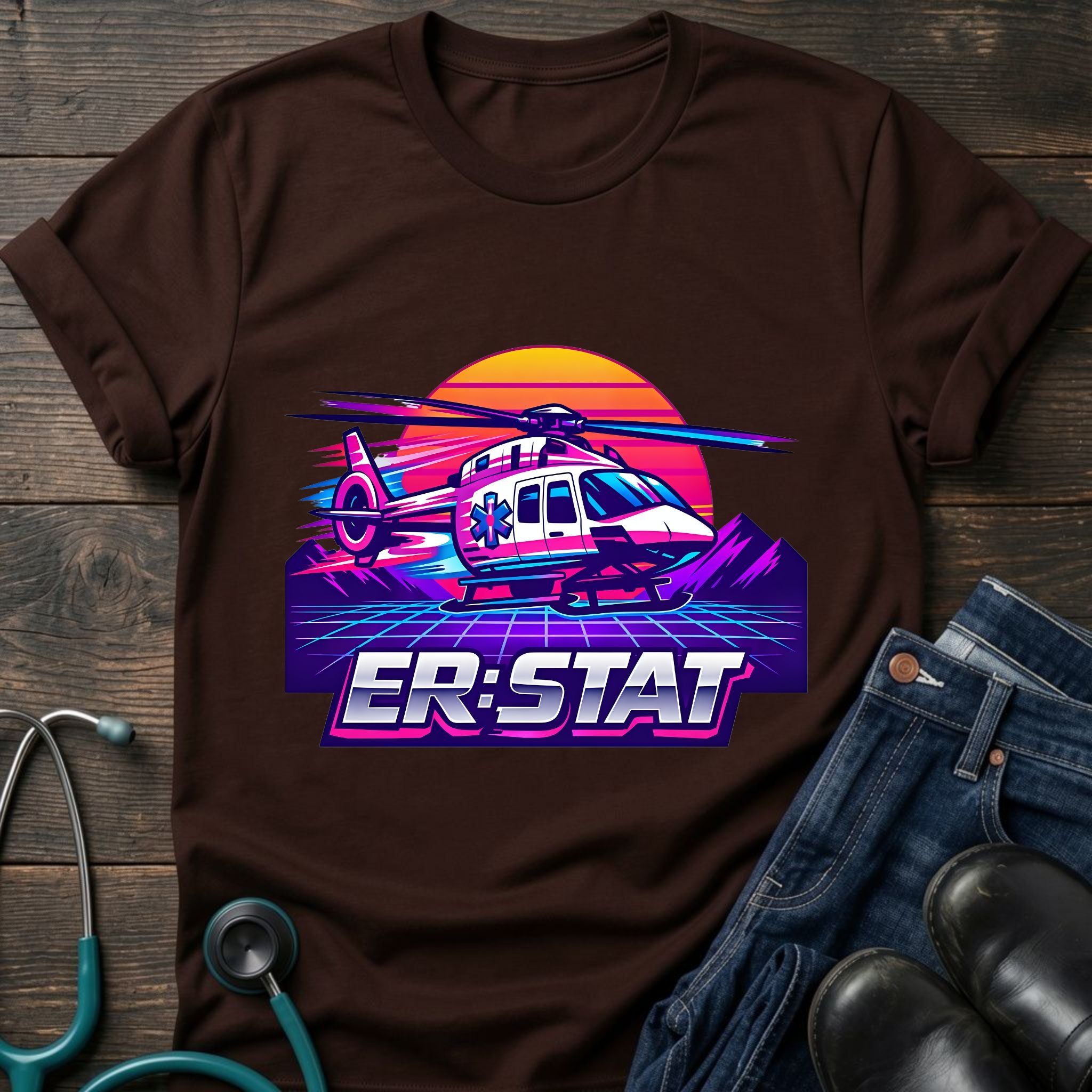 ER STAT Rescue Helicopter Retro Sunset Air Rescue Tee