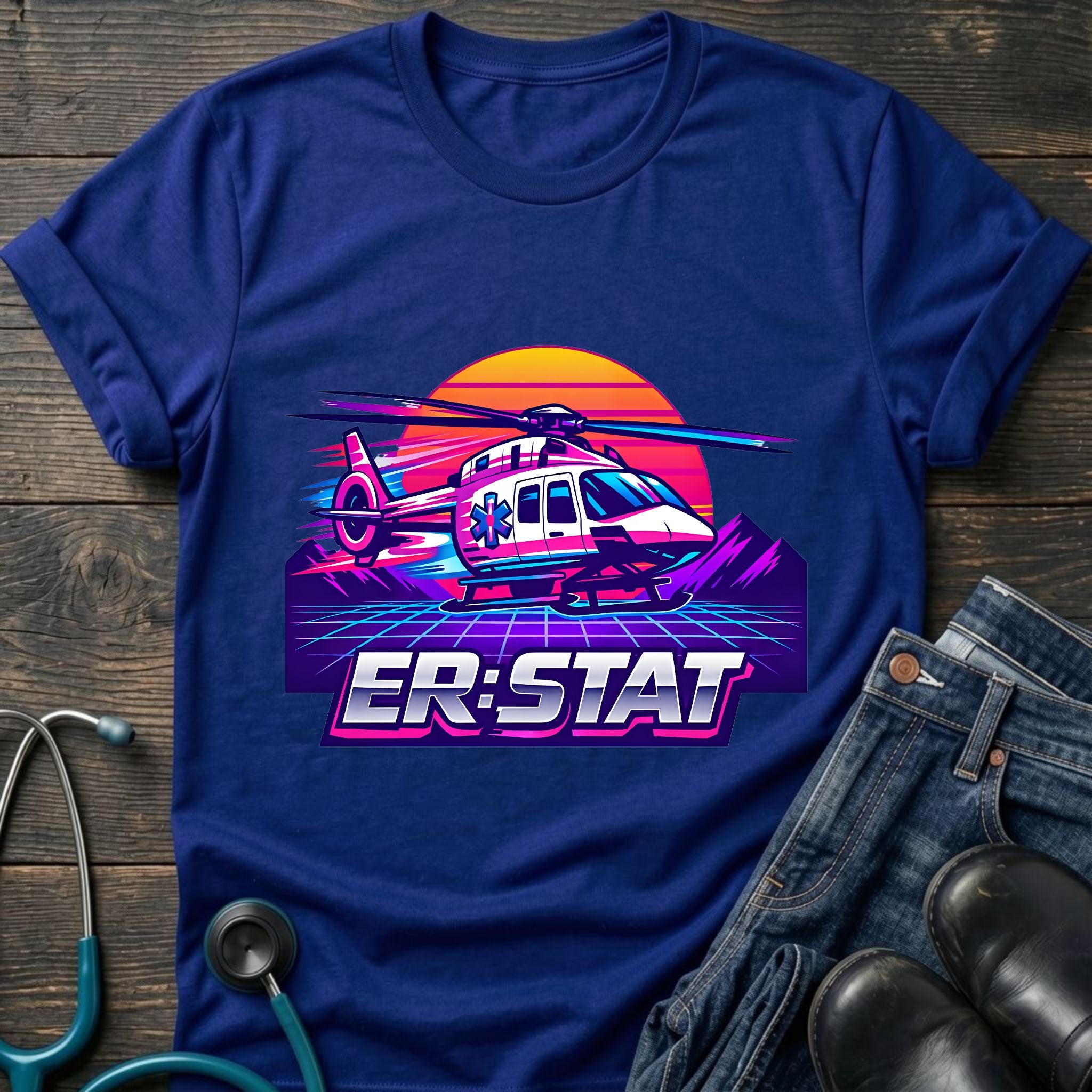ER STAT Rescue Helicopter Retro Sunset Air Rescue Tee