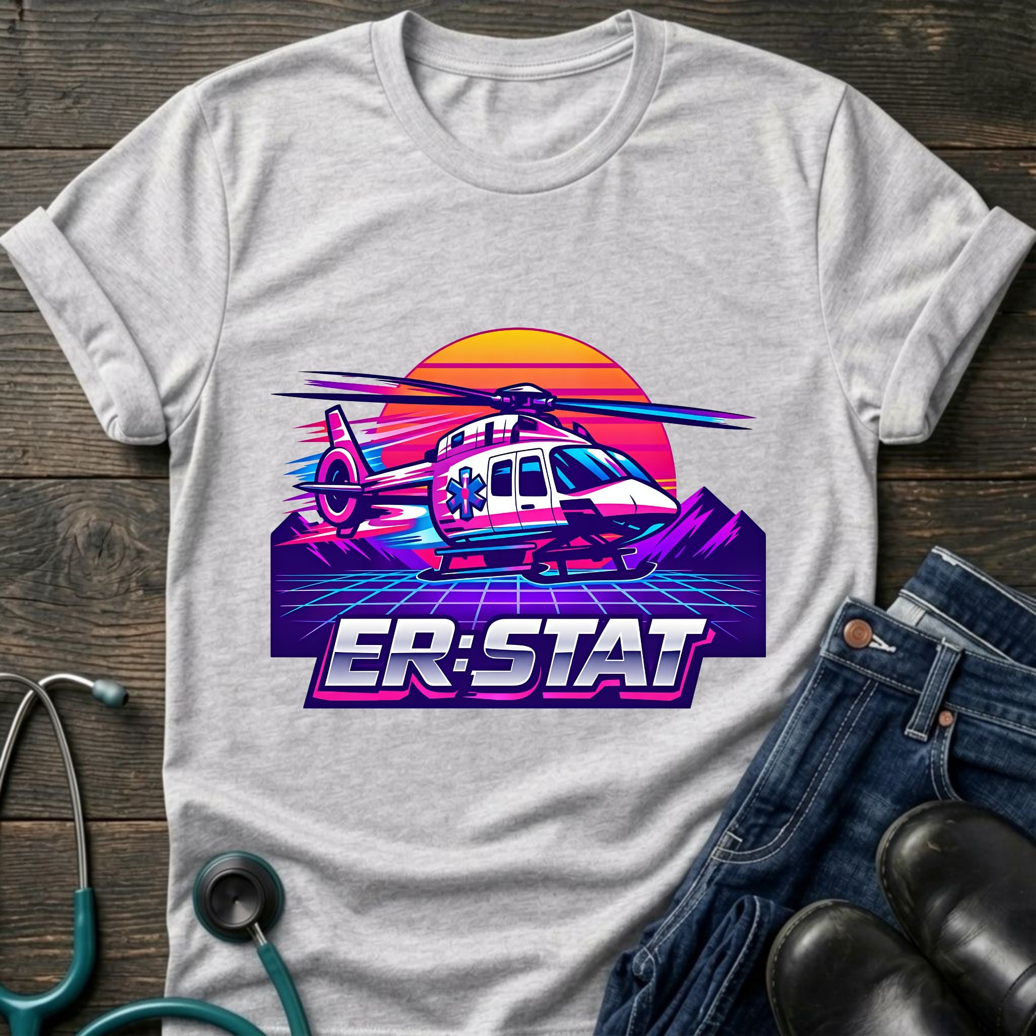 ER STAT Rescue Helicopter Retro Sunset Air Rescue Tee