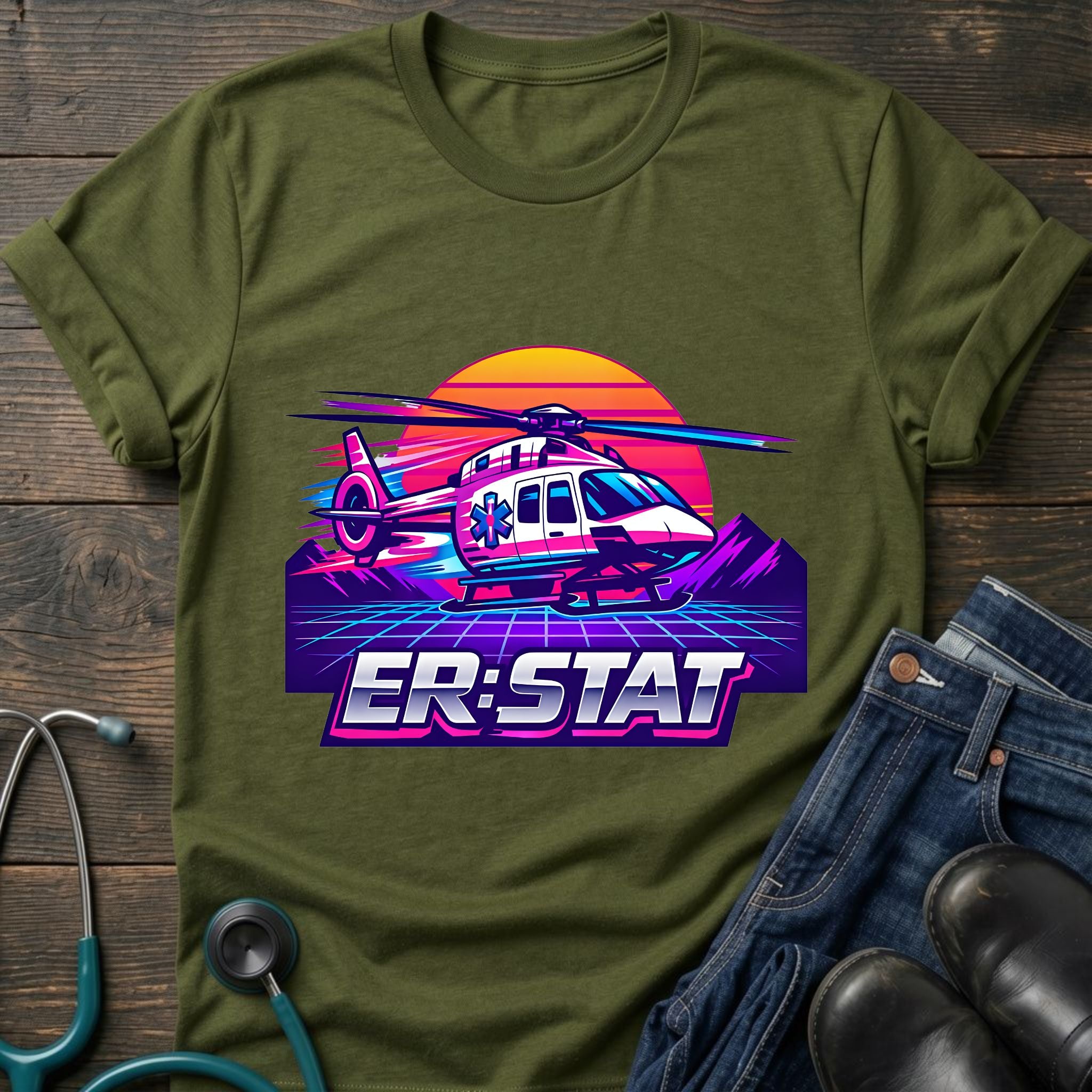 ER STAT Rescue Helicopter Retro Sunset Air Rescue Tee