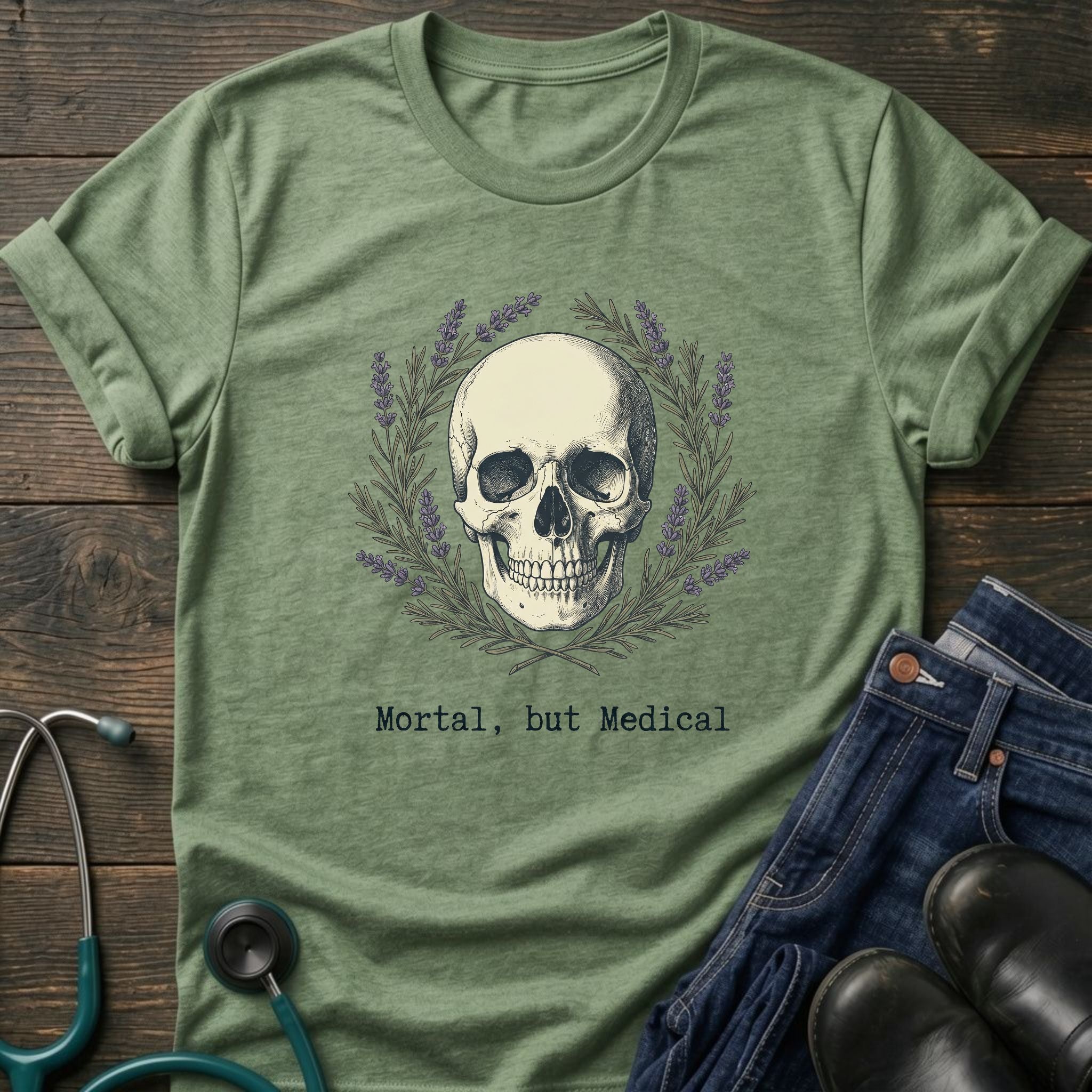 Skull & Laurel T-Shirt — "Mortal, but Medical" Graphic Tee