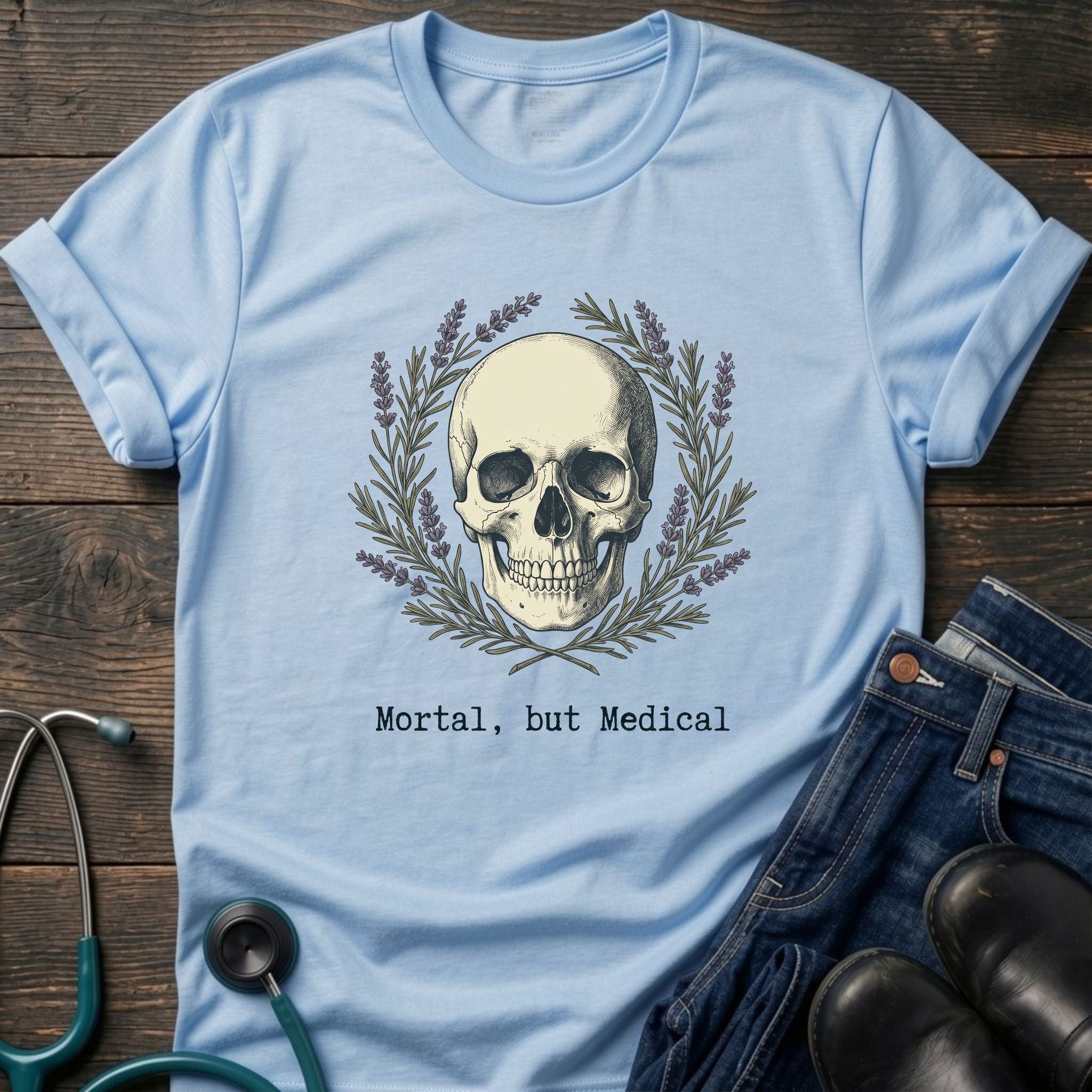 Skull & Laurel T-Shirt — "Mortal, but Medical" Graphic Tee