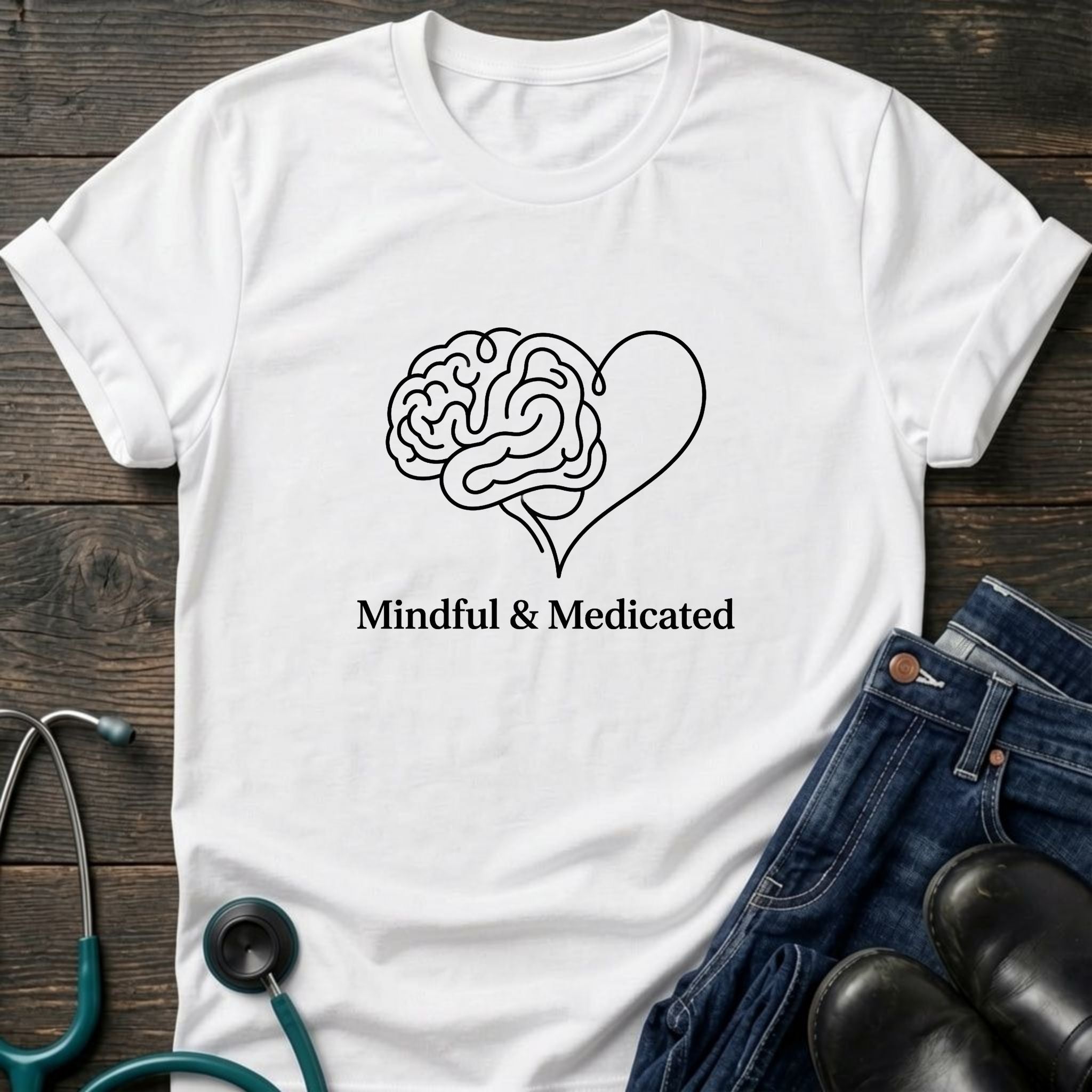 Mindful & Medicated T-Shirt — Brain Heart Graphic Mental Health Tee