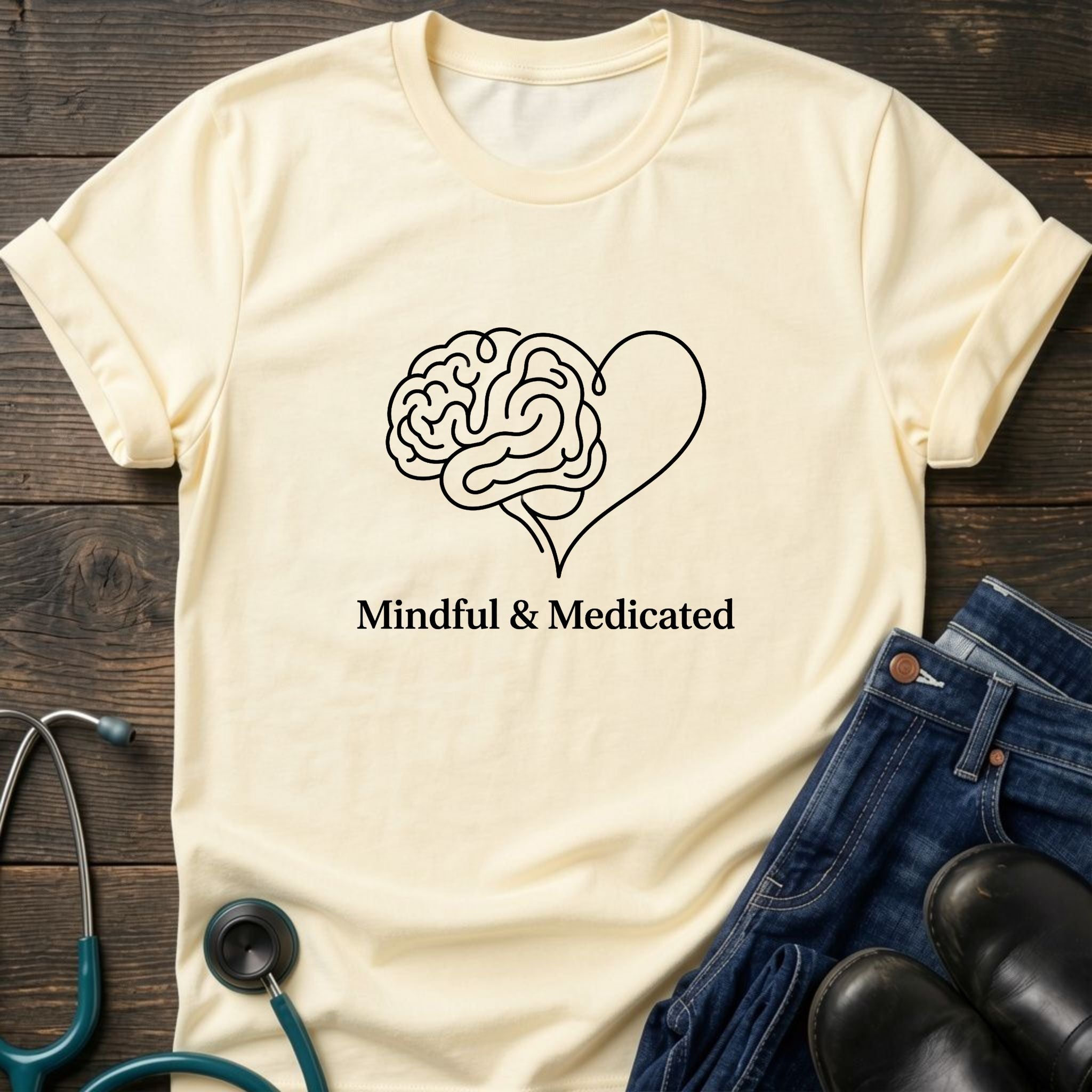 Mindful & Medicated T-Shirt — Brain Heart Graphic Mental Health Tee