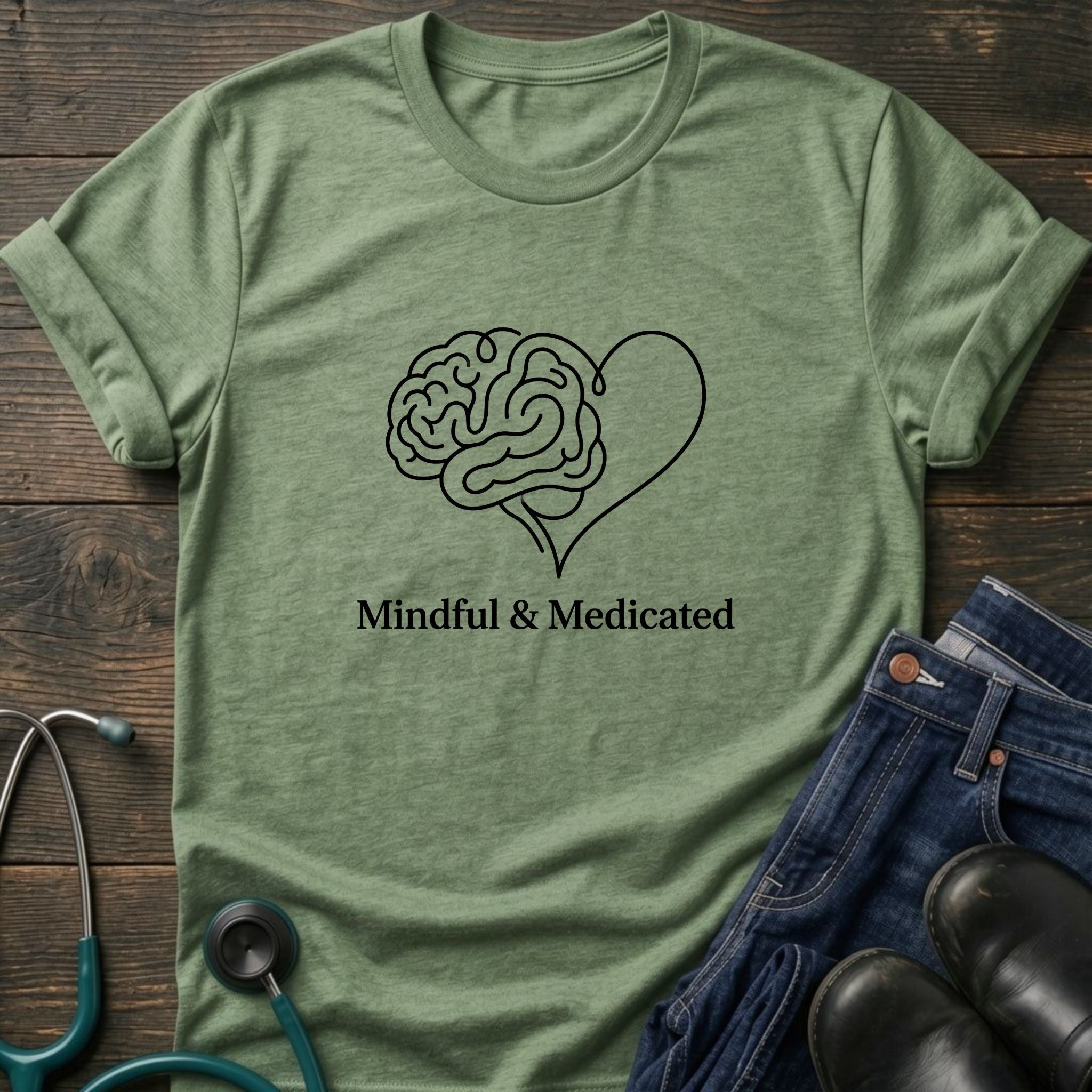 Mindful & Medicated T-Shirt — Brain Heart Graphic Mental Health Tee