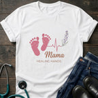 Mama Healing Hands T-Shirt — Baby Footprint & Heartbeat Maternity Tee