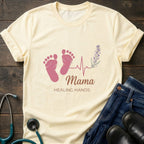 Mama Healing Hands T-Shirt — Baby Footprint & Heartbeat Maternity Tee