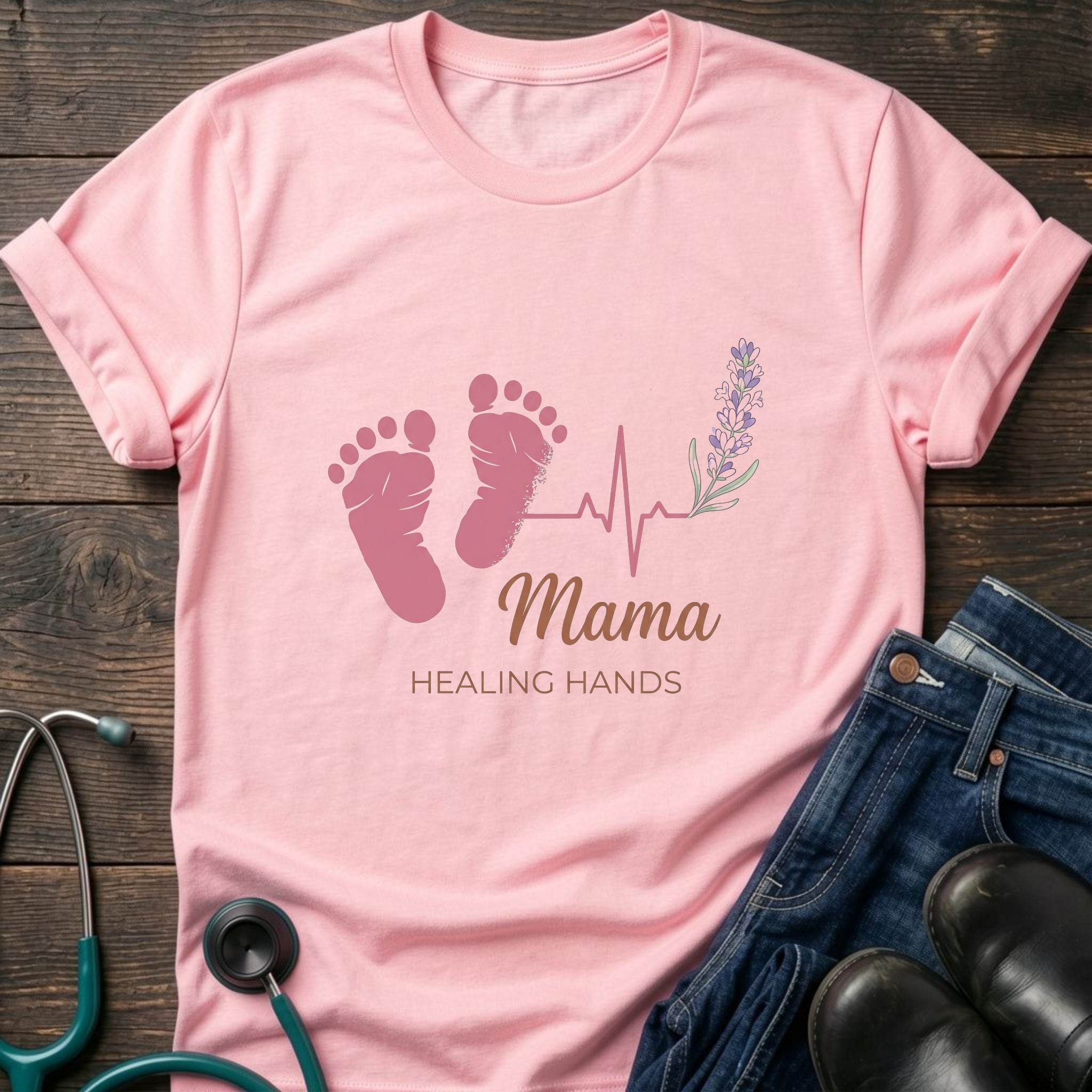 Mama Healing Hands T-Shirt — Baby Footprint & Heartbeat Maternity Tee