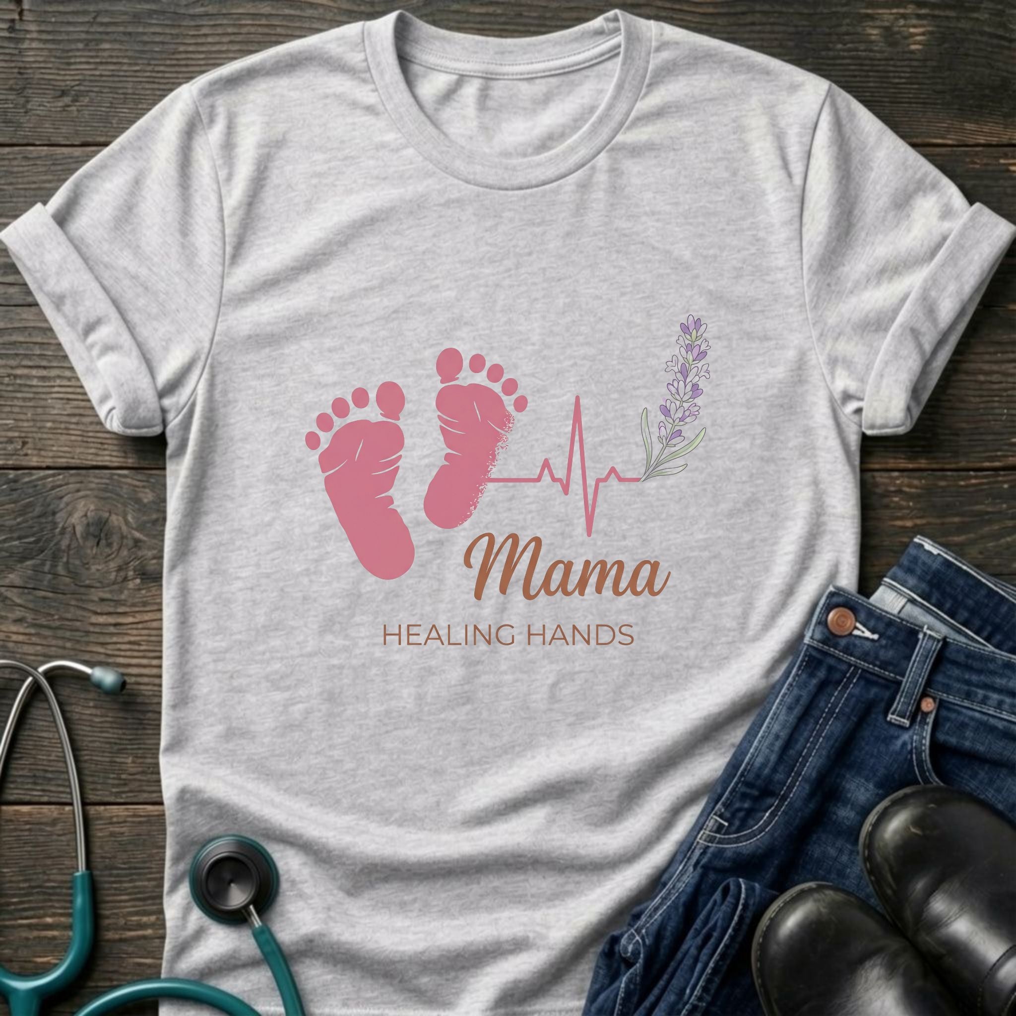 Mama Healing Hands T-Shirt — Baby Footprint & Heartbeat Maternity Tee