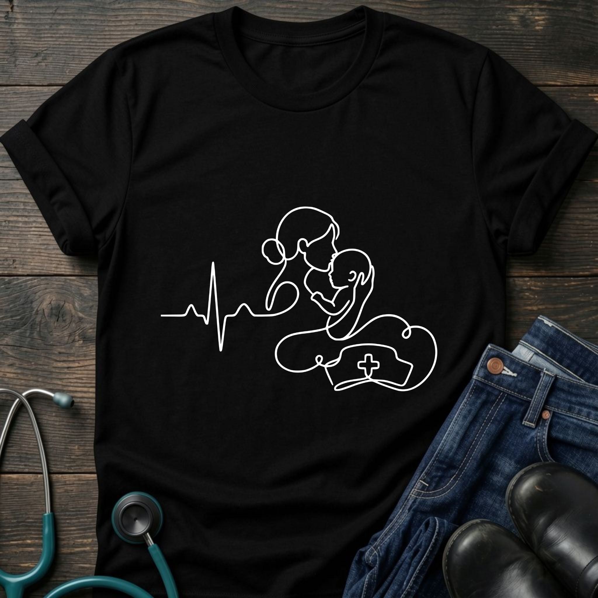 T-Shirt — Minimal Mother & Baby Line Art with Heartbeat Design