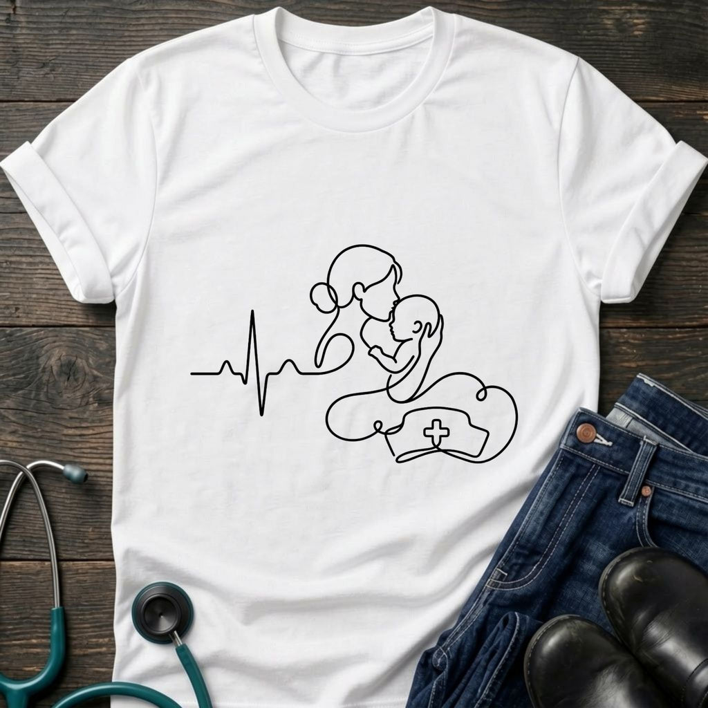 T-Shirt — Minimal Mother & Baby Line Art with Heartbeat Design