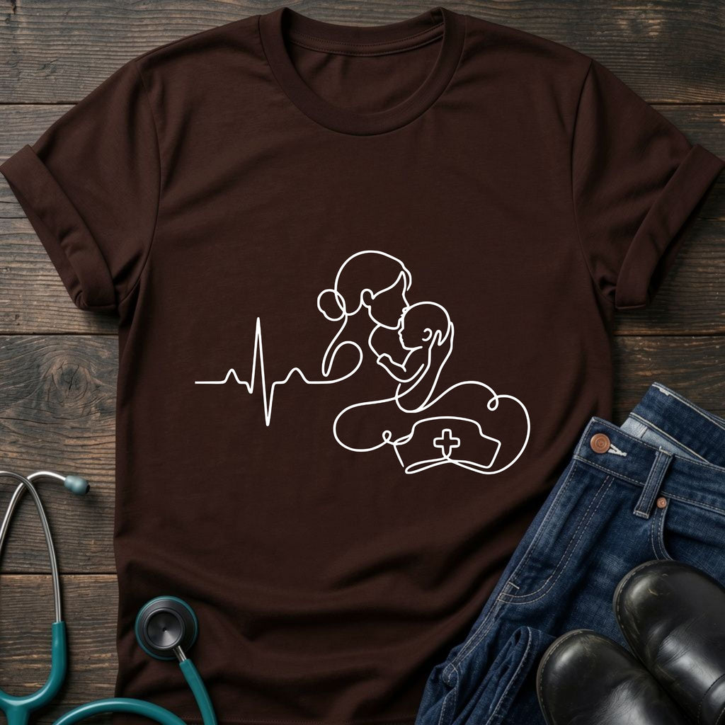 T-Shirt — Minimal Mother & Baby Line Art with Heartbeat Design
