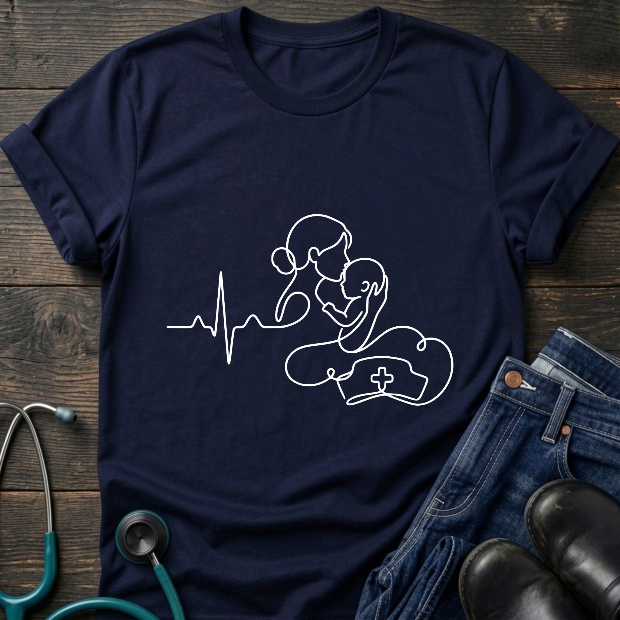 T-Shirt — Minimal Mother & Baby Line Art with Heartbeat Design