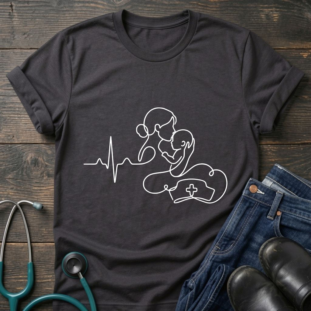 T-Shirt — Minimal Mother & Baby Line Art with Heartbeat Design