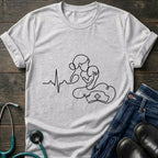 T-Shirt — Minimal Mother & Baby Line Art with Heartbeat Design