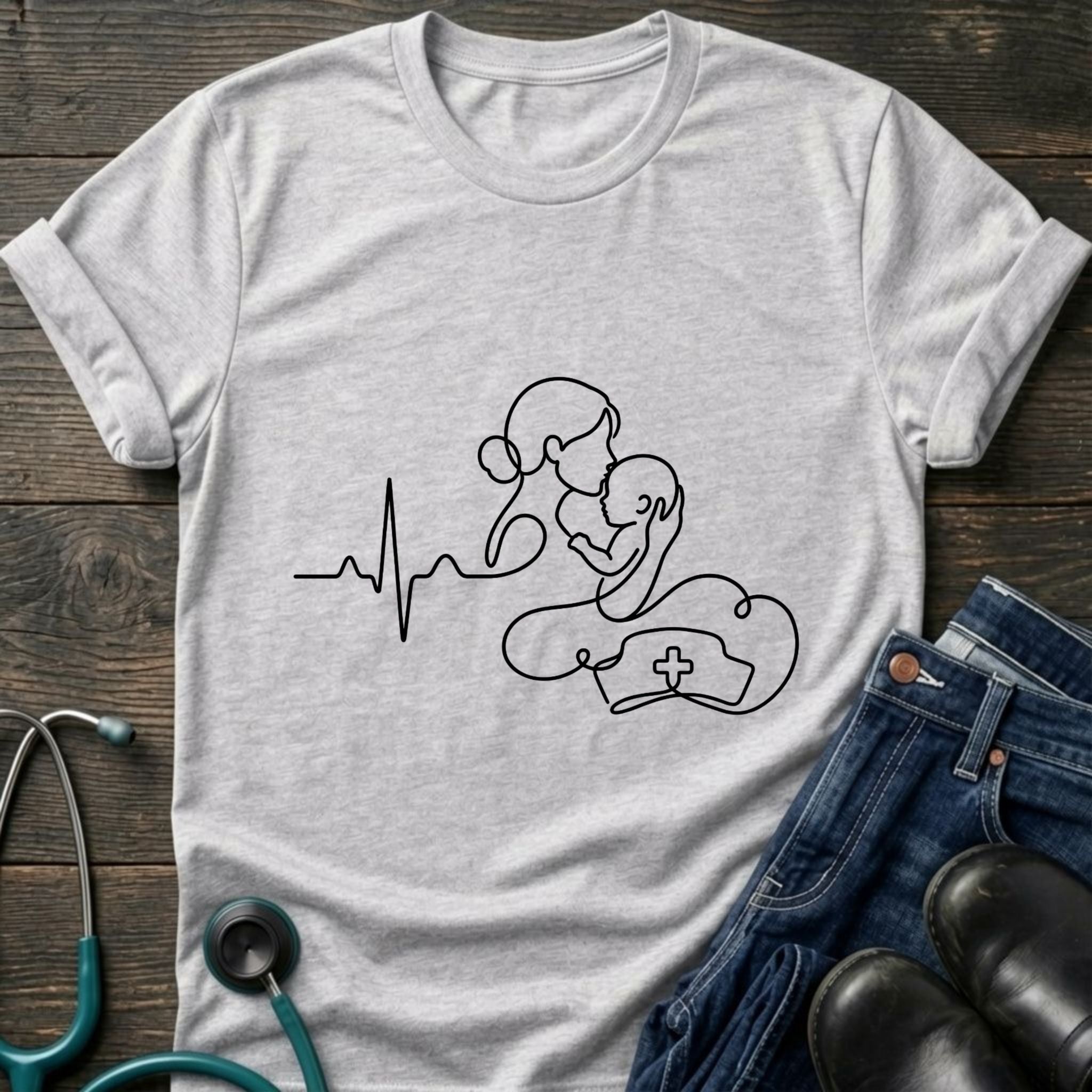 T-Shirt — Minimal Mother & Baby Line Art with Heartbeat Design
