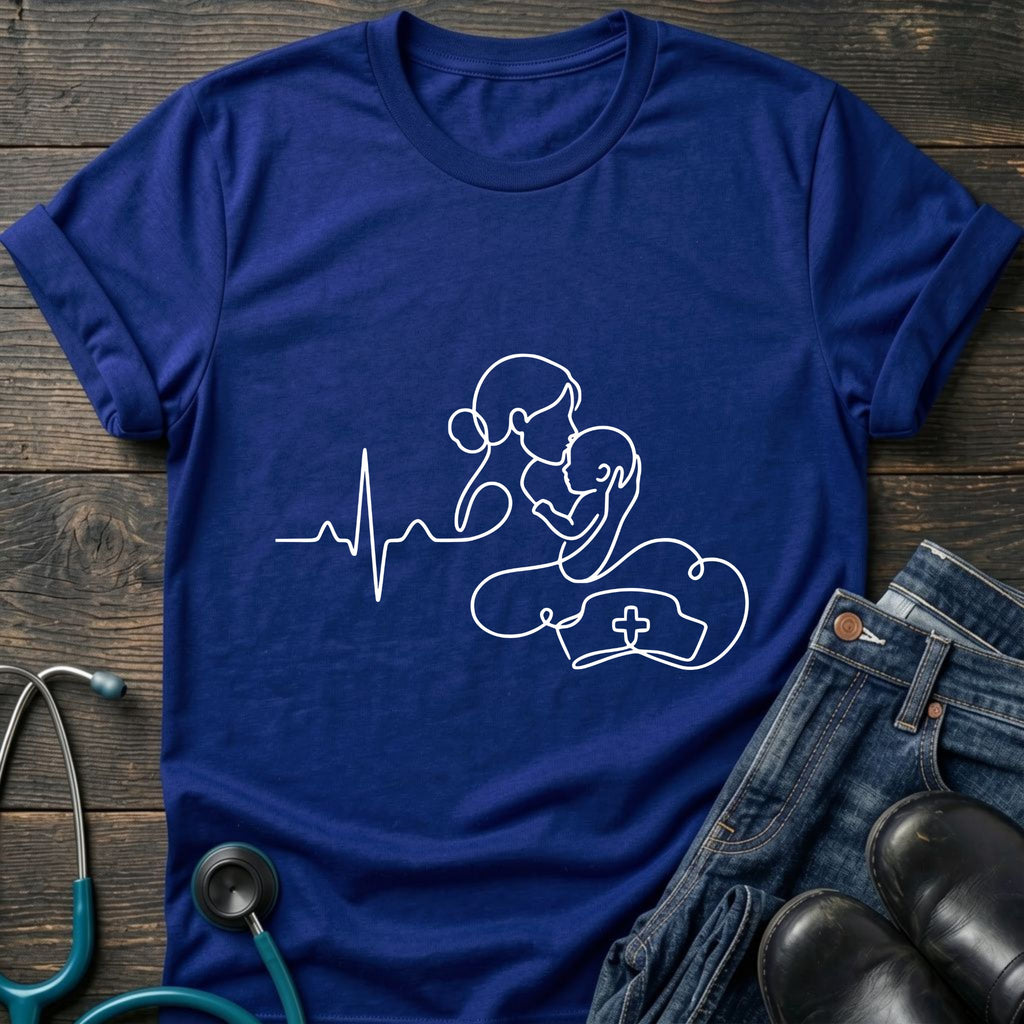 T-Shirt — Minimal Mother & Baby Line Art with Heartbeat Design