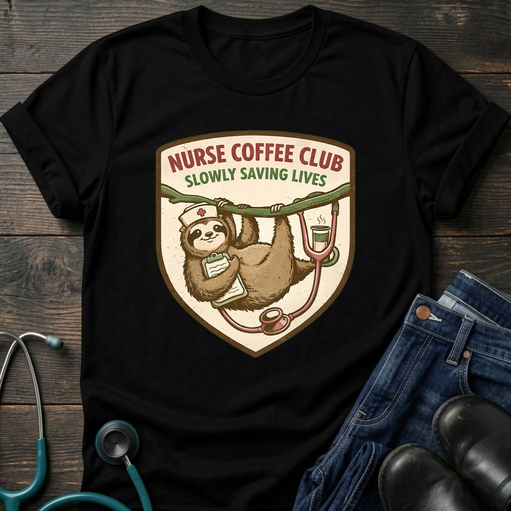 Sloth Coffee Badge Nurse Coffee Club Tee
