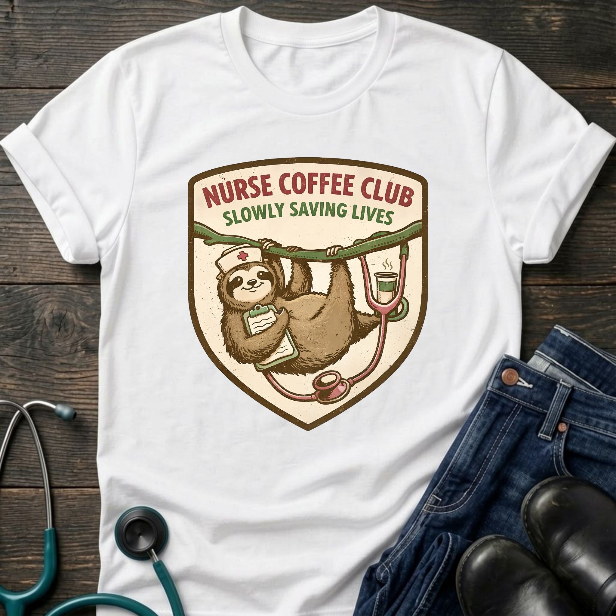 Nurse Coffee Club Sloth and Coffee Badge Tee