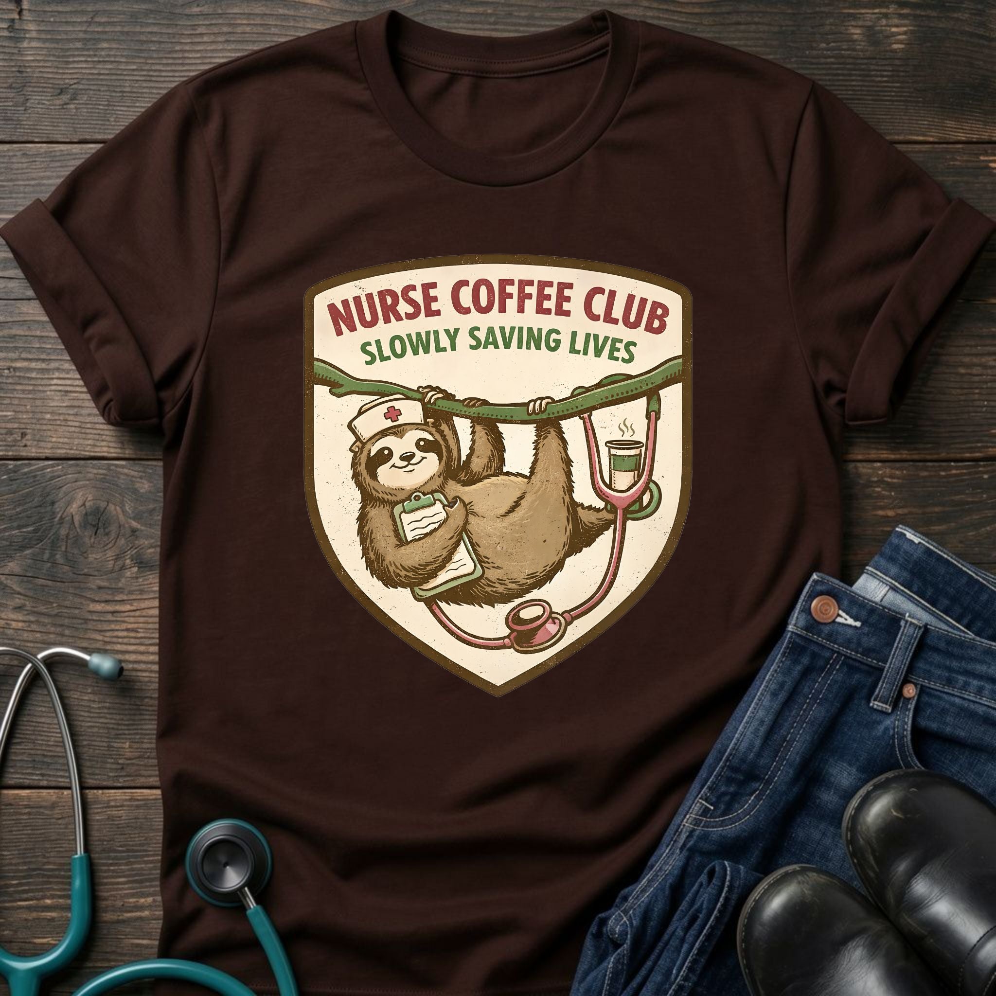 Sloth Coffee Badge Nurse Coffee Club Tee
