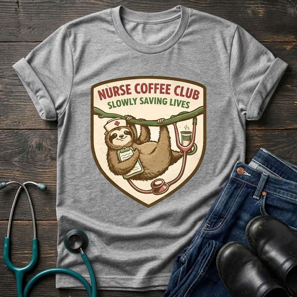 Nurse Coffee Club Sloth and Coffee Badge Tee