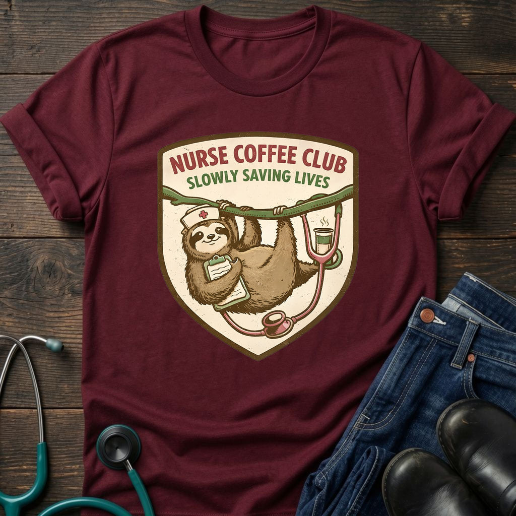 Sloth Coffee Badge Nurse Coffee Club Tee