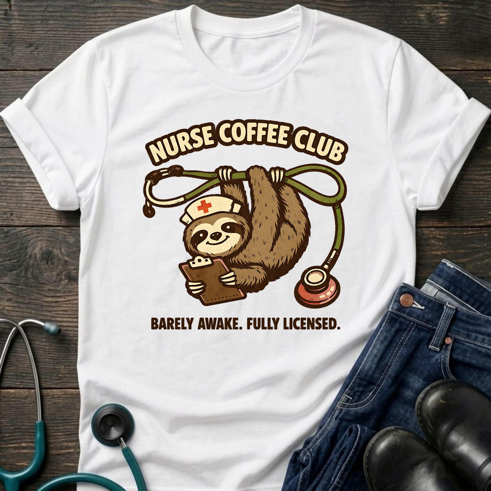 Barely Awake Fully Licensed Sloth Nurse Coffee Club Tee