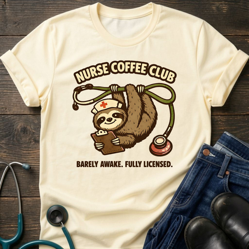 Barely Awake Fully Licensed Sloth Nurse Coffee Club Tee