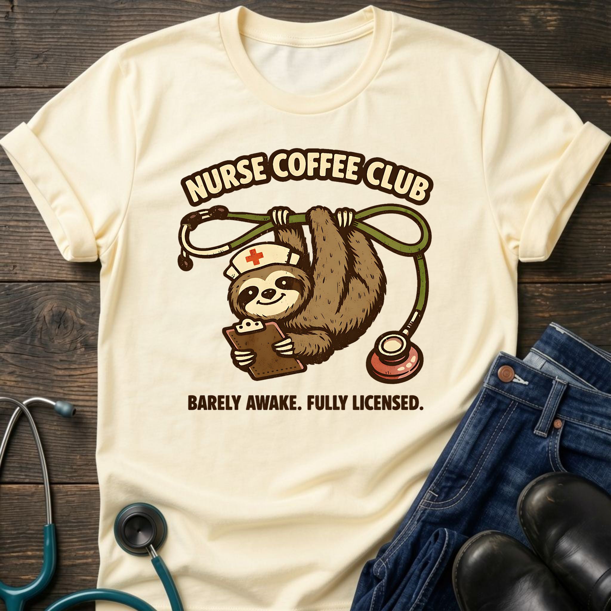 Barely Awake Fully Licensed Sloth Nurse Coffee Club Tee
