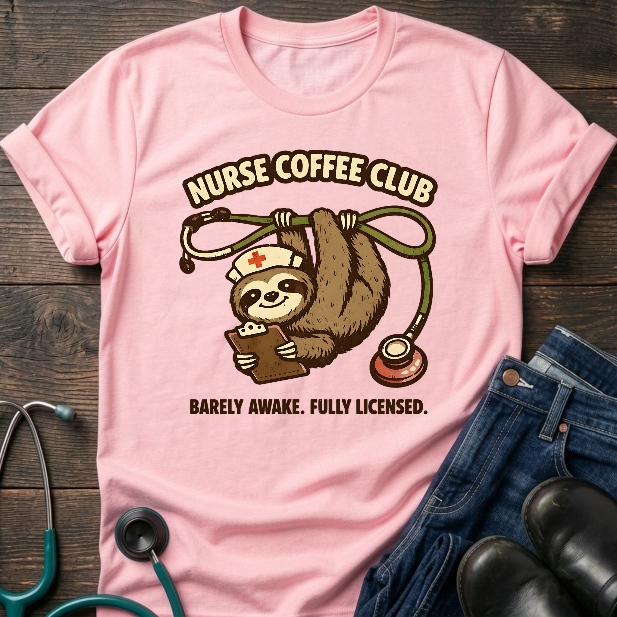 Barely Awake Fully Licensed Sloth Nurse Coffee Club Tee