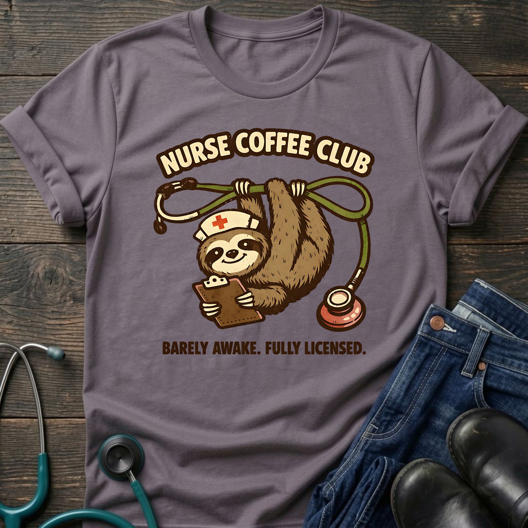 Barely Awake Fully Licensed Sloth Nurse Coffee Club Tee