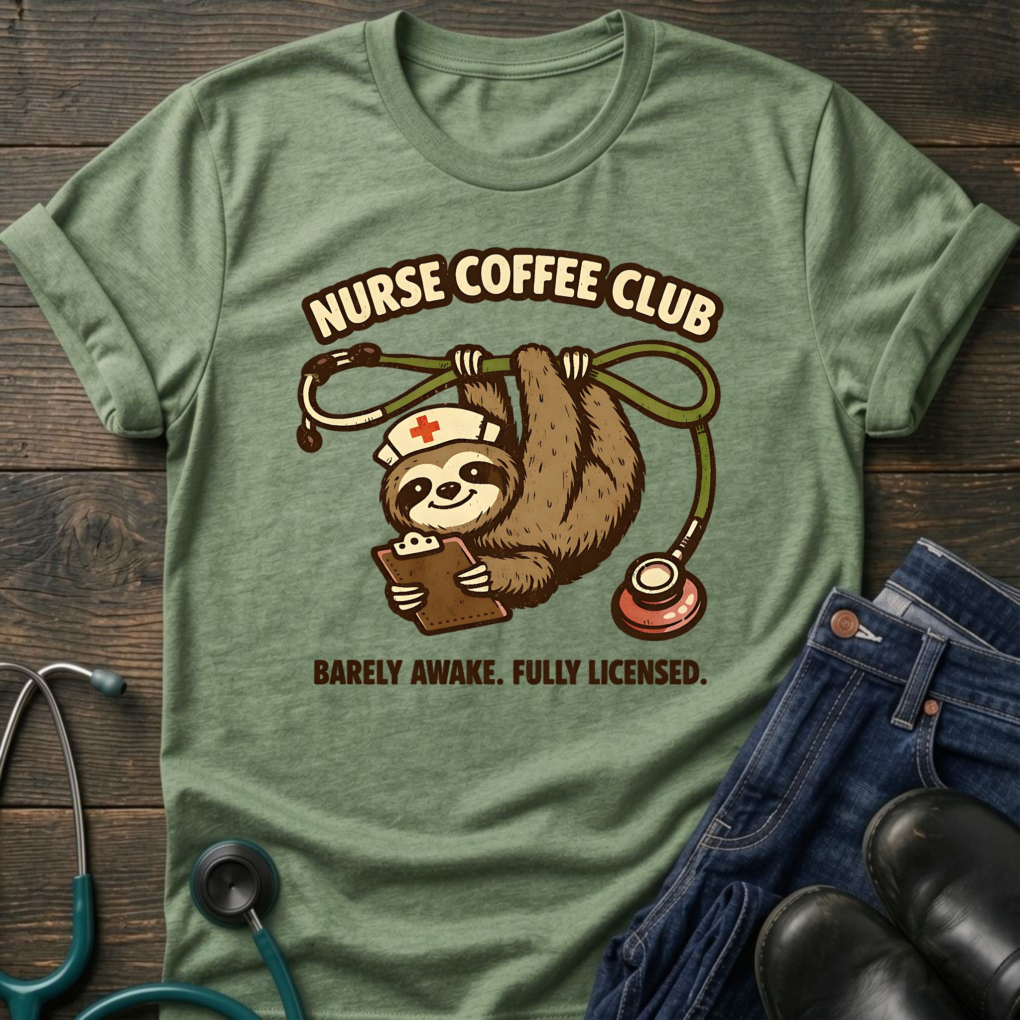 Barely Awake Fully Licensed Sloth Nurse Coffee Club Tee