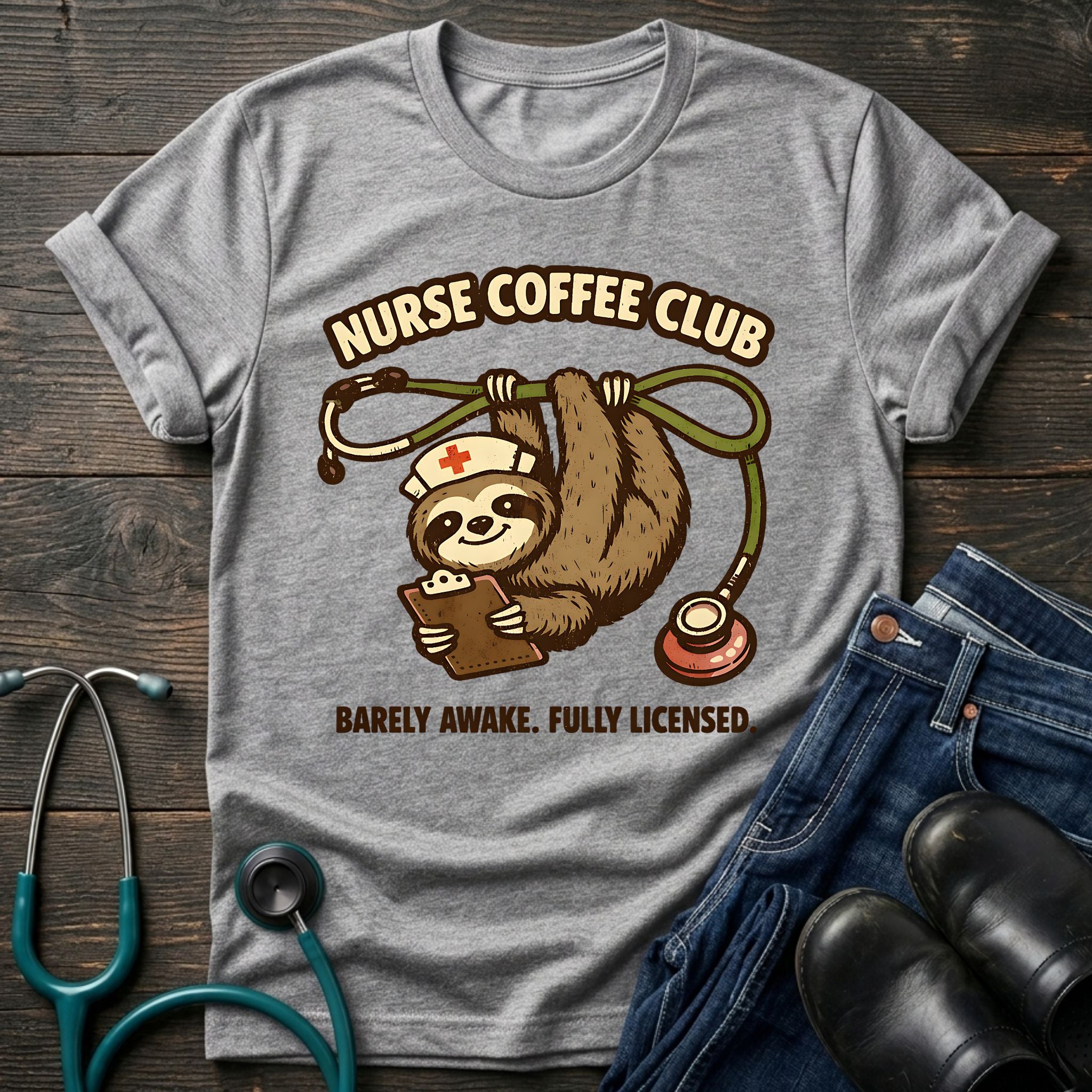 Barely Awake Fully Licensed Sloth Nurse Coffee Club Tee