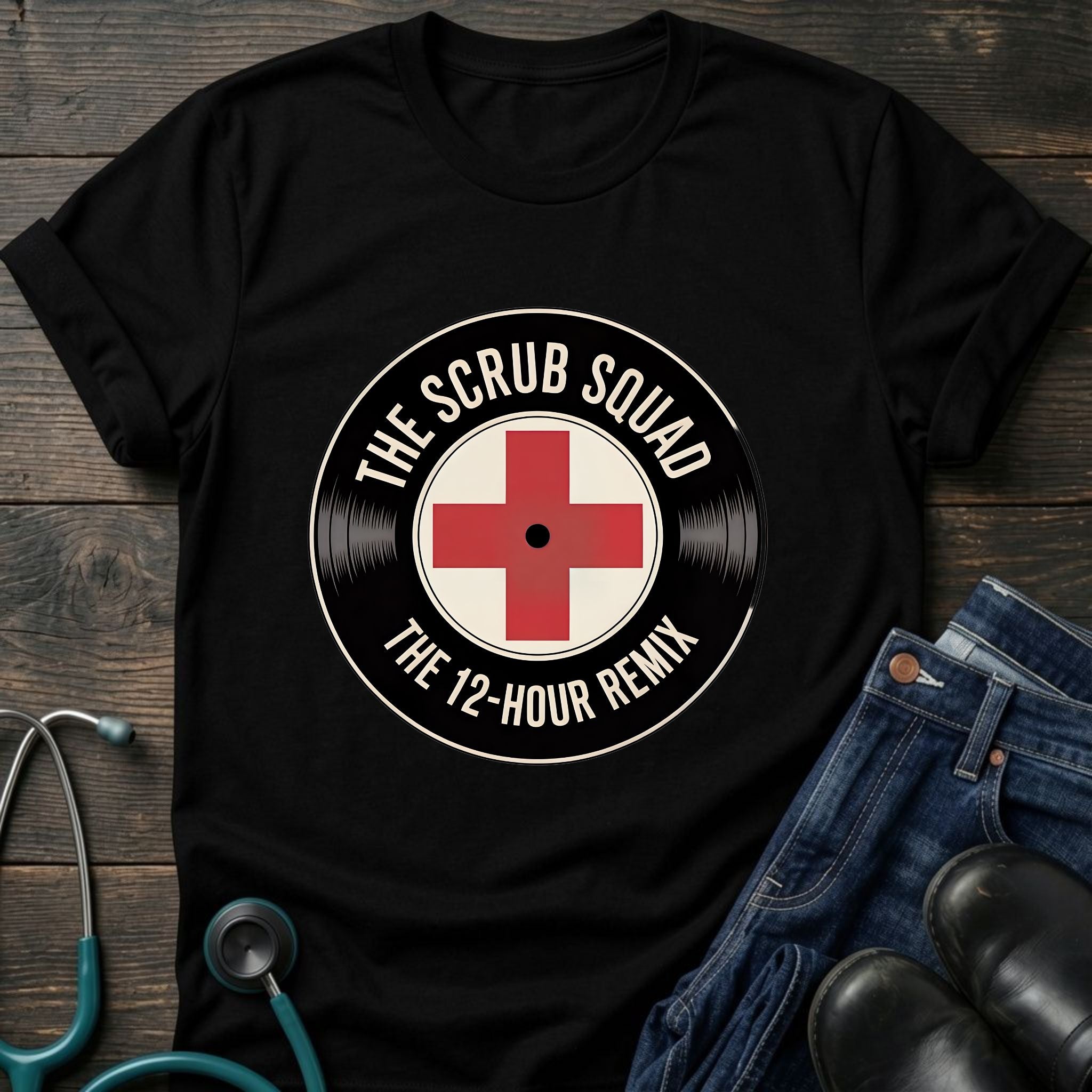 The Scrub Squad 12-Hour Remix Retro Medical Badge Tee