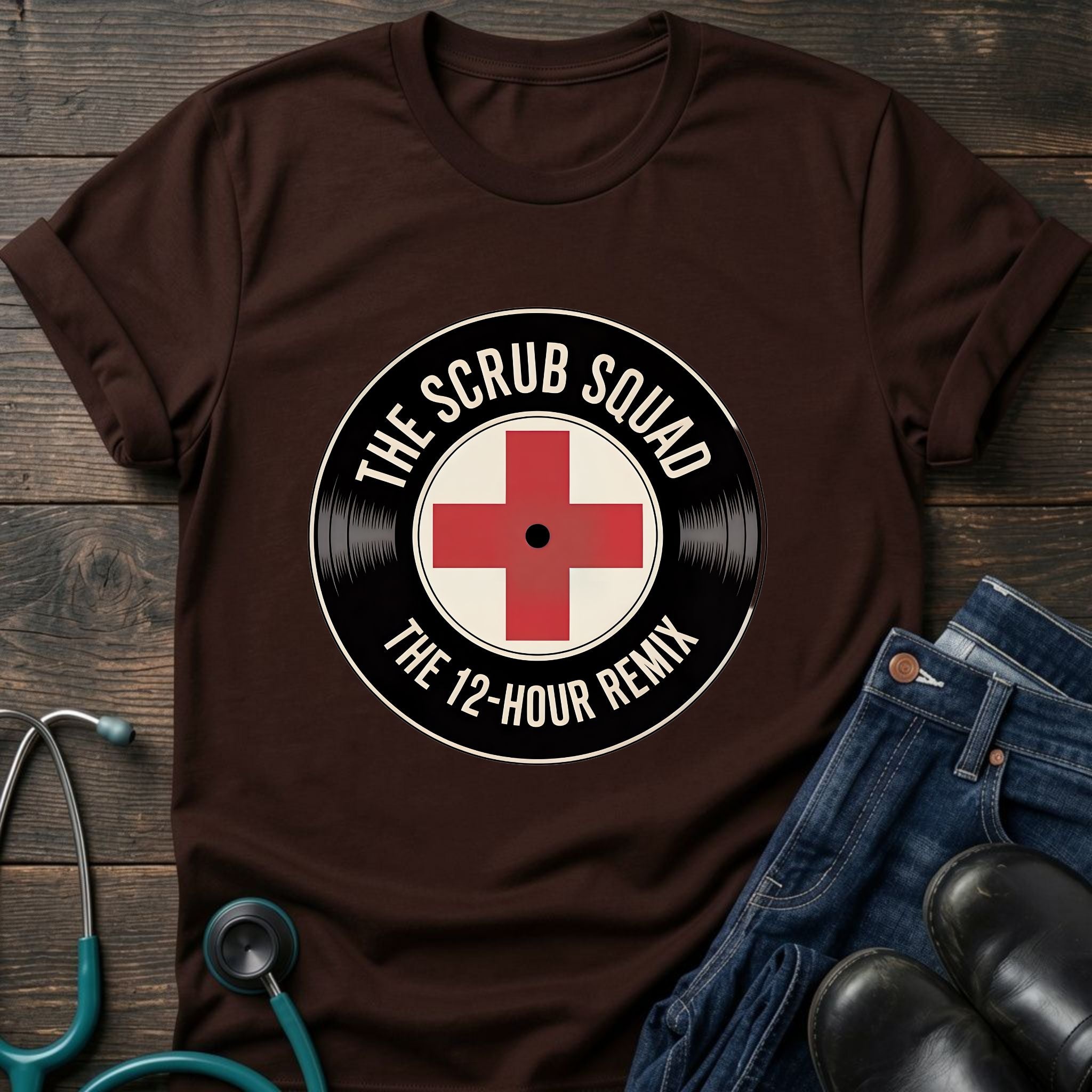 The Scrub Squad 12-Hour Remix Retro Medical Badge Tee