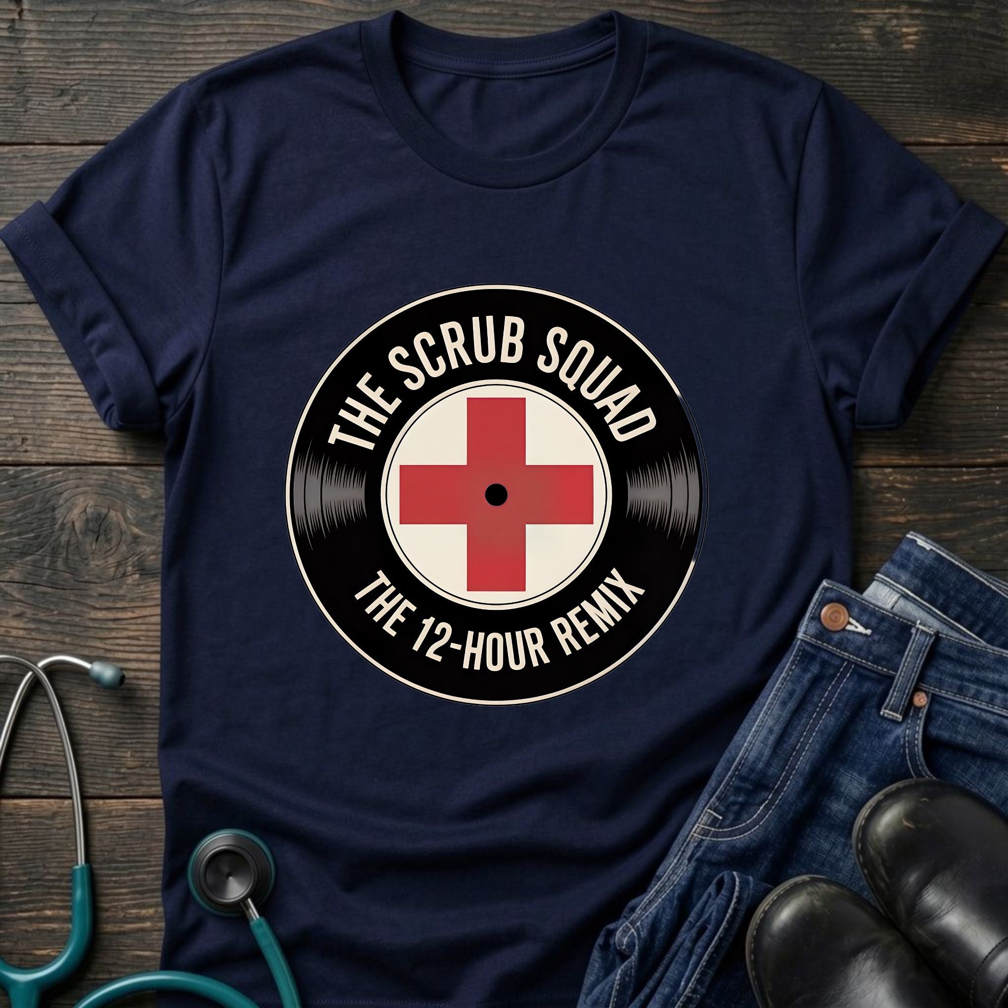 The Scrub Squad 12-Hour Remix Retro Medical Badge Tee