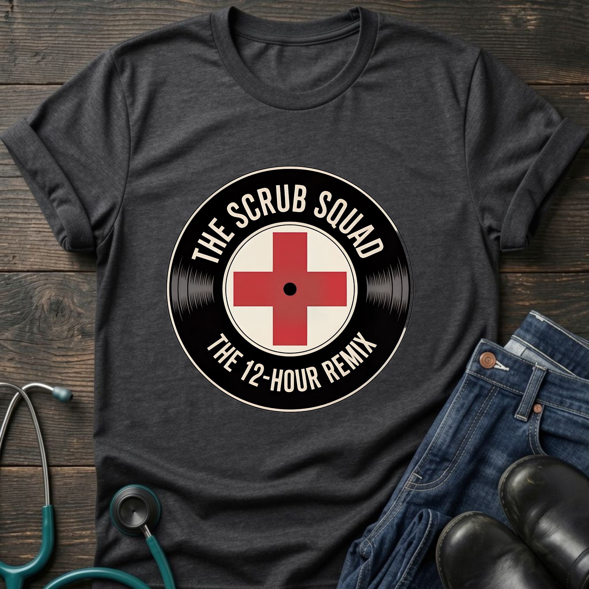 The Scrub Squad 12-Hour Remix Retro Medical Badge Tee
