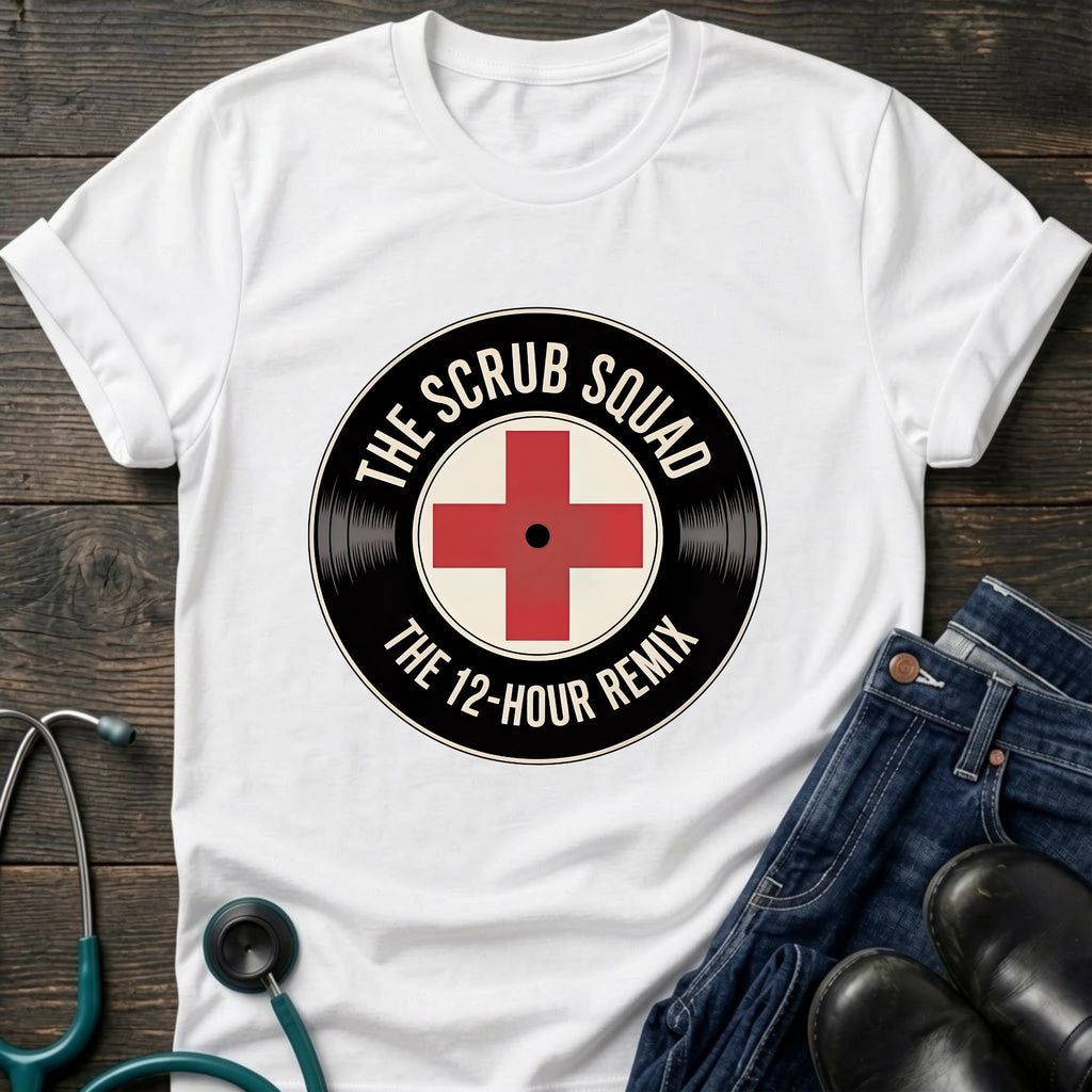 The Scrub Squad 12-Hour Remix Retro Medical Badge Tee