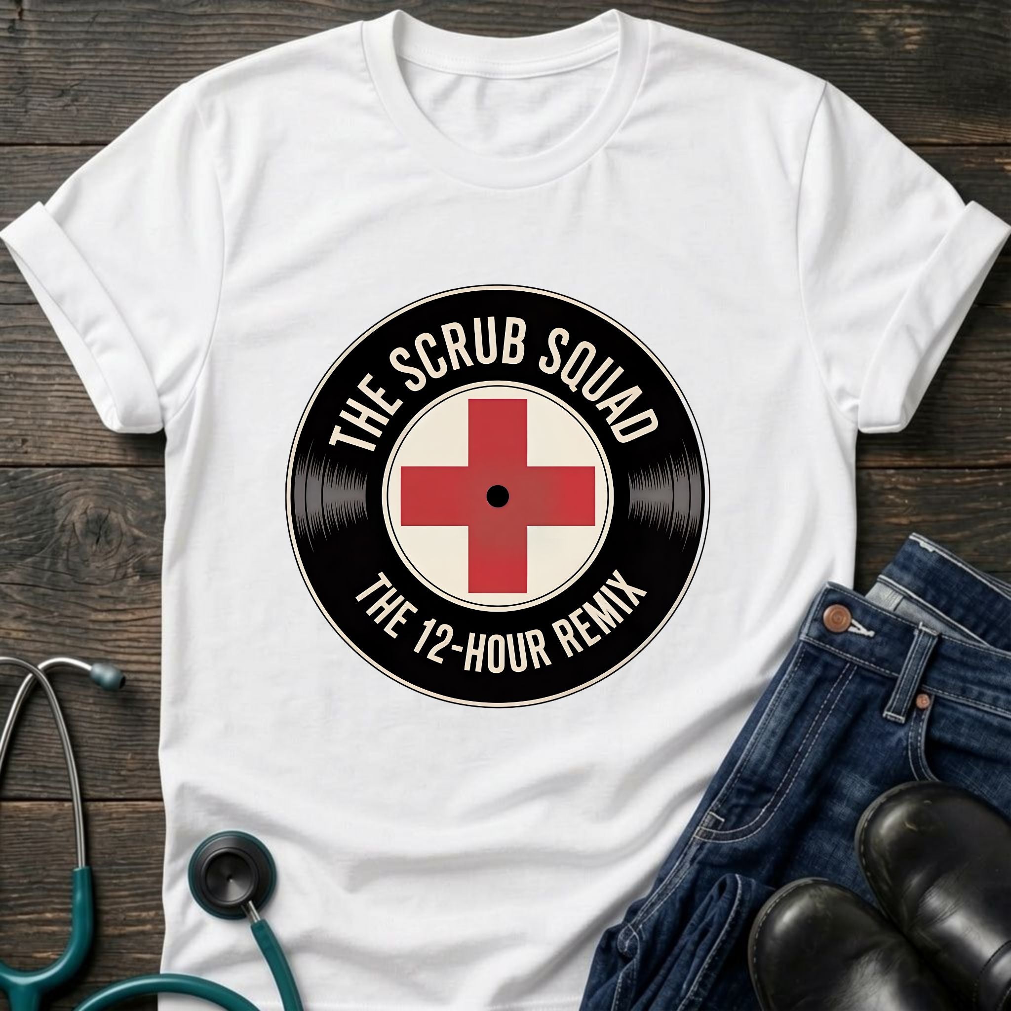 The Scrub Squad 12-Hour Remix Retro Medical Badge Tee